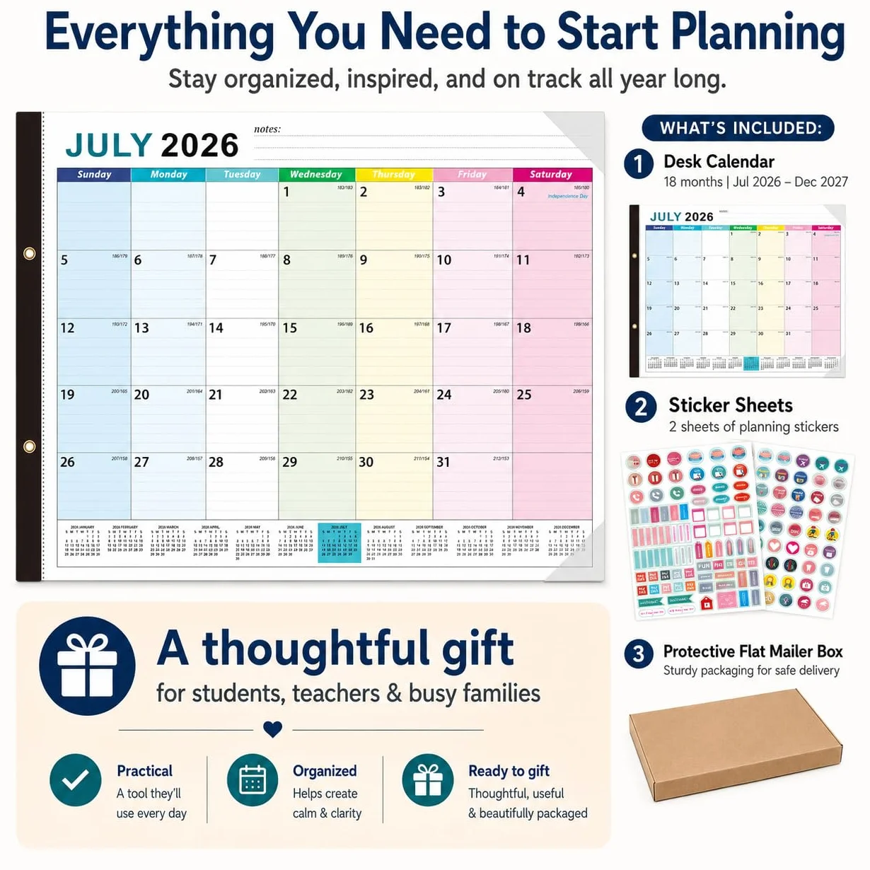 Großer Tischkalender 2026–2027 – Ougesi 18-Monats-Schreibtischkalender 22 x 17 Juli 2026 – Dezember 2027, akademischer Tischkalender groß mit Schutzecke, Aufkleber für Büro, Schule und Zuhause (bunt)