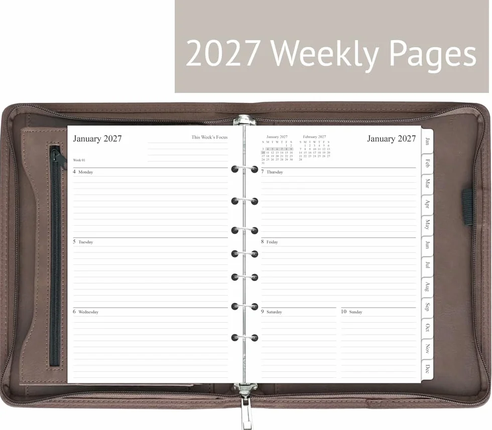 Fan&Ran 2026 Terminplaner mit Reißverschluss, 7-Ring-Mini-Binder mit Wocheneinlagen (Jan – Dezember 2026), Schreibtischgröße, Vintagebraun