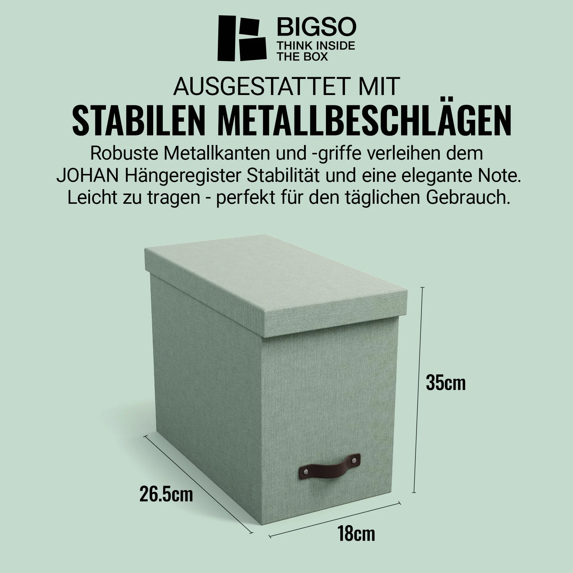 BIGSO JOHAN Hängeregisterbox A4 – Hängemappenbox mit Deckel und Griff – Schreibtischablage für Hängemappen & Dokumente – Aufbewahrungsbox aus recycelter Faserplatte und Papier – mintgrün