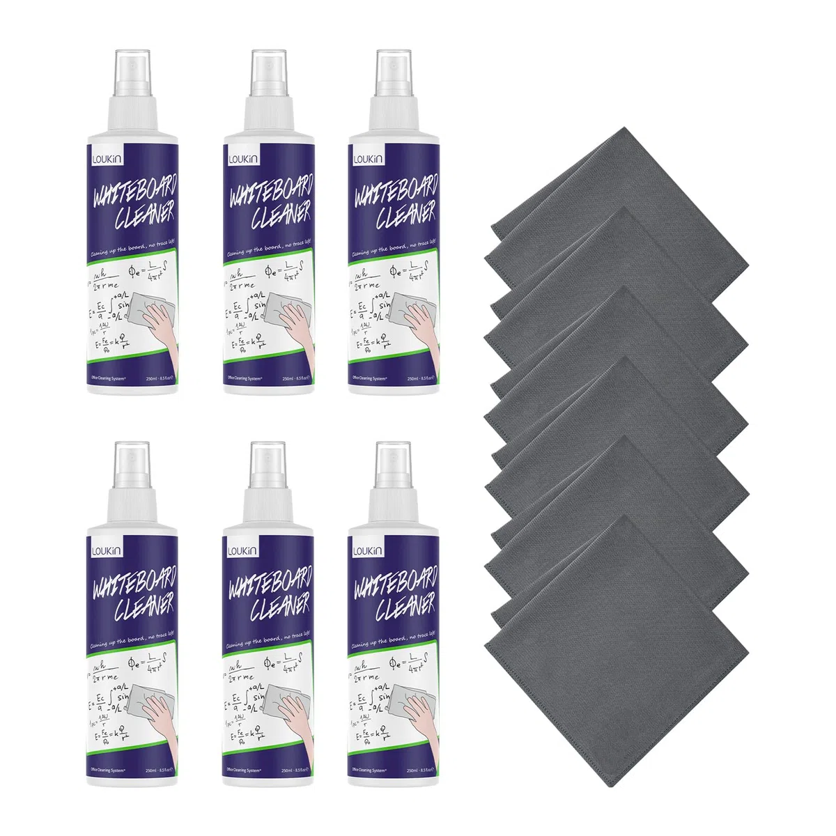LOUKIN Ungiftiger Whiteboard-Reiniger Dry Erase Cleaner mit Tuch 6 x 250 ml | AP-zertifiziert, REACH-konform, Sanfte Formel, Geruchsarm, Effektive Reinigung, Ideal für Klassenzimmer & Büro