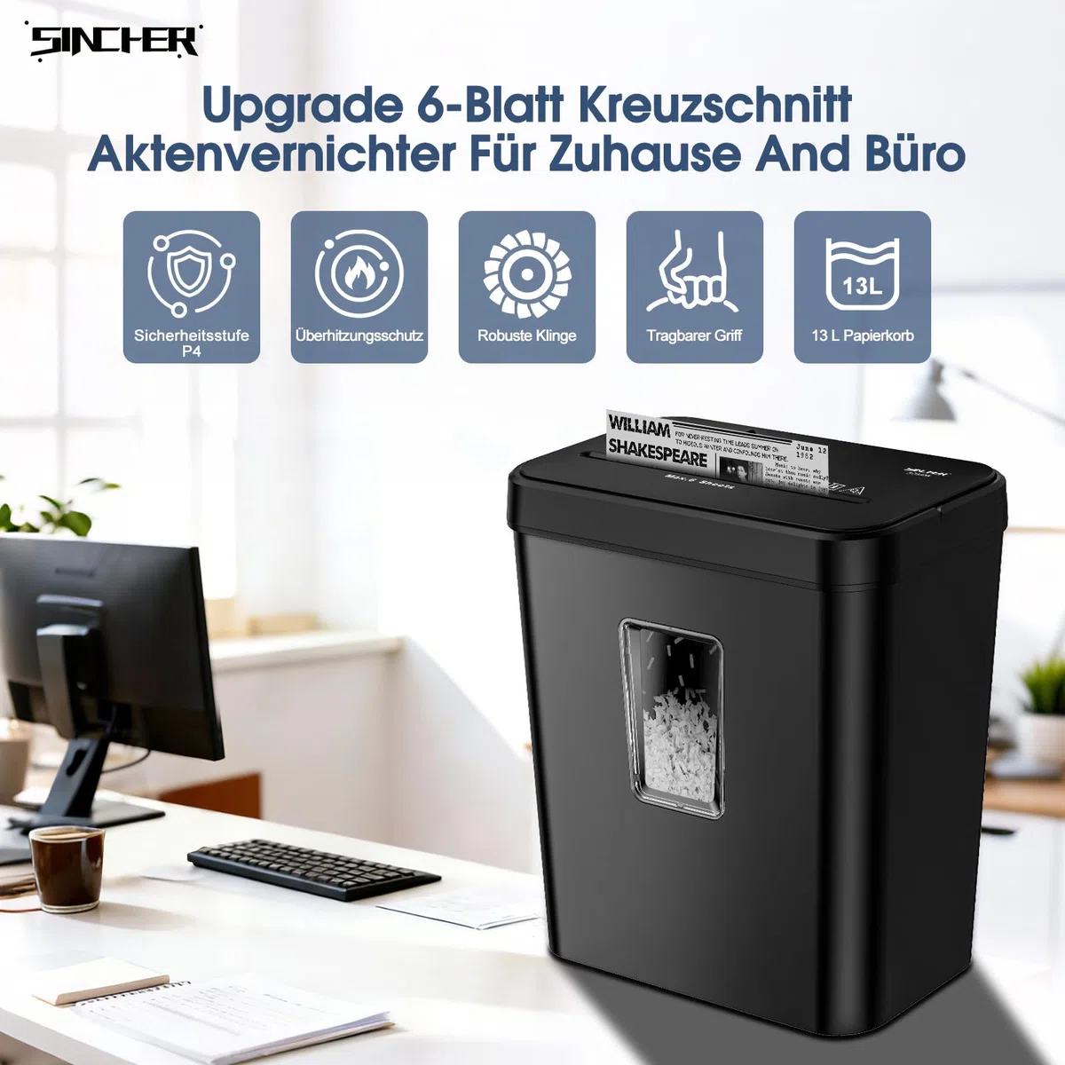Aktenvernichter, 6-Blatt Kreuzschnitt Papierschredder mit P-4 Geheimhaltungsstufe, 13L Papierkorb mit Sichtfenster und Tragegriff, zerkleinert Kreditkarte, Überhitzungsschutz für Home Office(Schwarz)