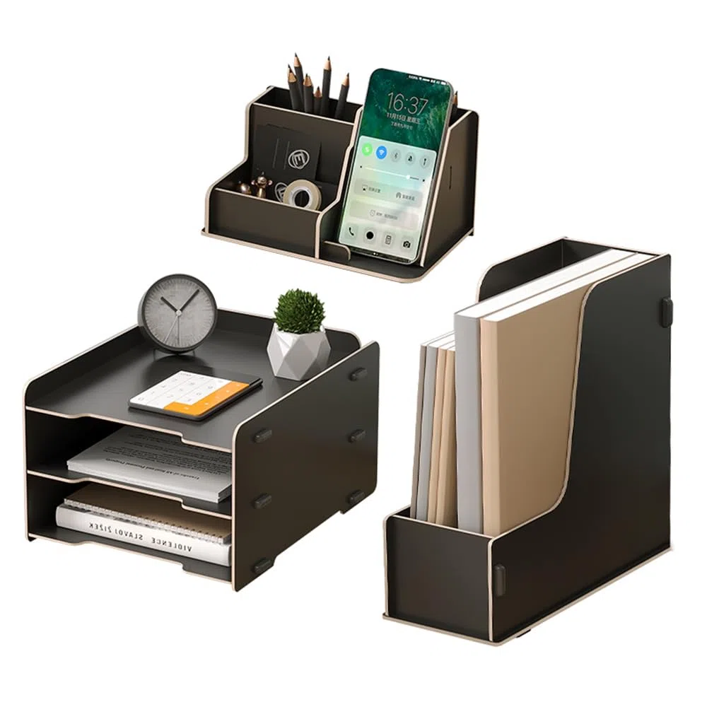 NUODWELL Holz Schreibtisch-Organizer-Set – 3-Etagen-Papier-Briefablage/A4-Datei-Dokumentenhalter/Stiftehalter, Desktop-Organizer und Aufbewahrung für Büromaterial (Schwarz)