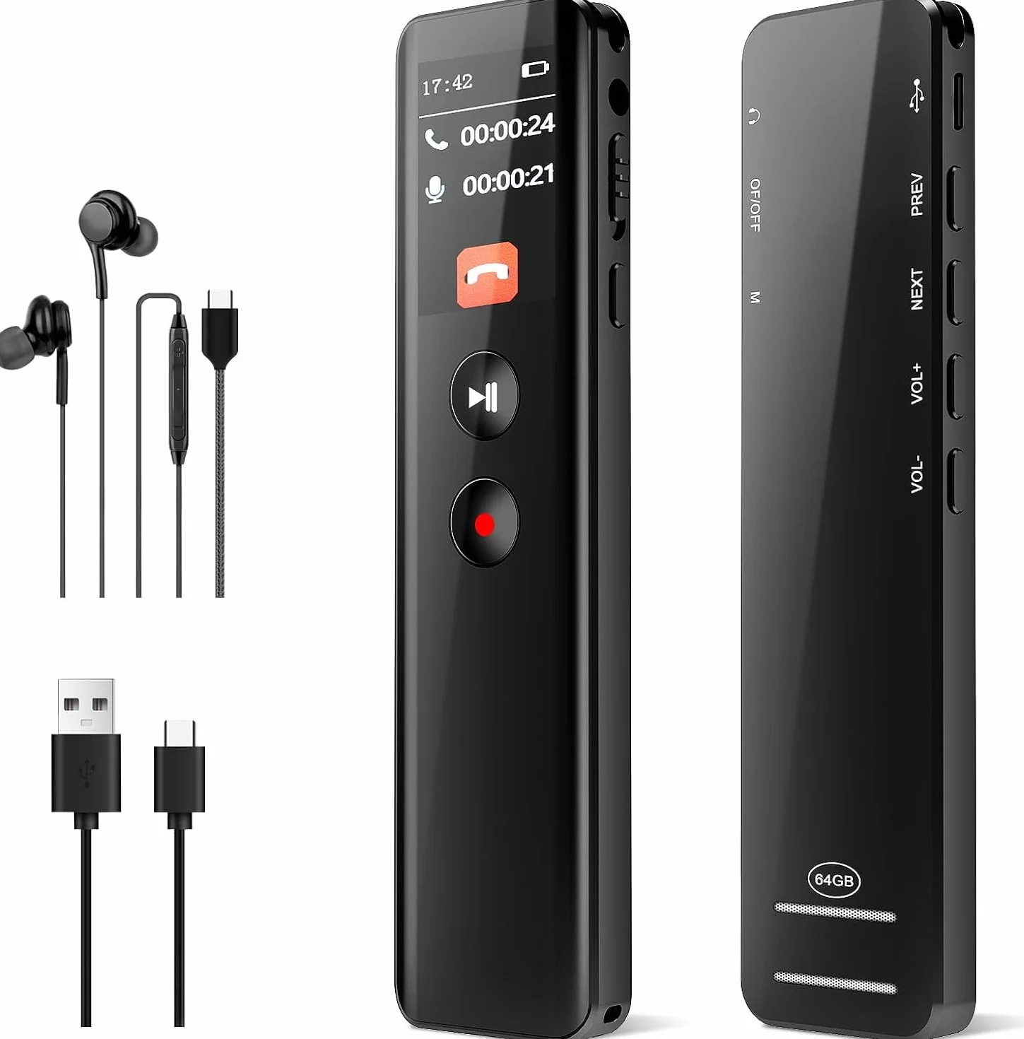 128GB Digitales Diktiergerät mit Wiedergabe,KI Geräuschunterdrückung, Sprachaktivierung, MP3-Player, Passwortschutz, USB-C, Bluetooth-Anrufaufnahme, für Vorlesungen,Meetings,Interviews