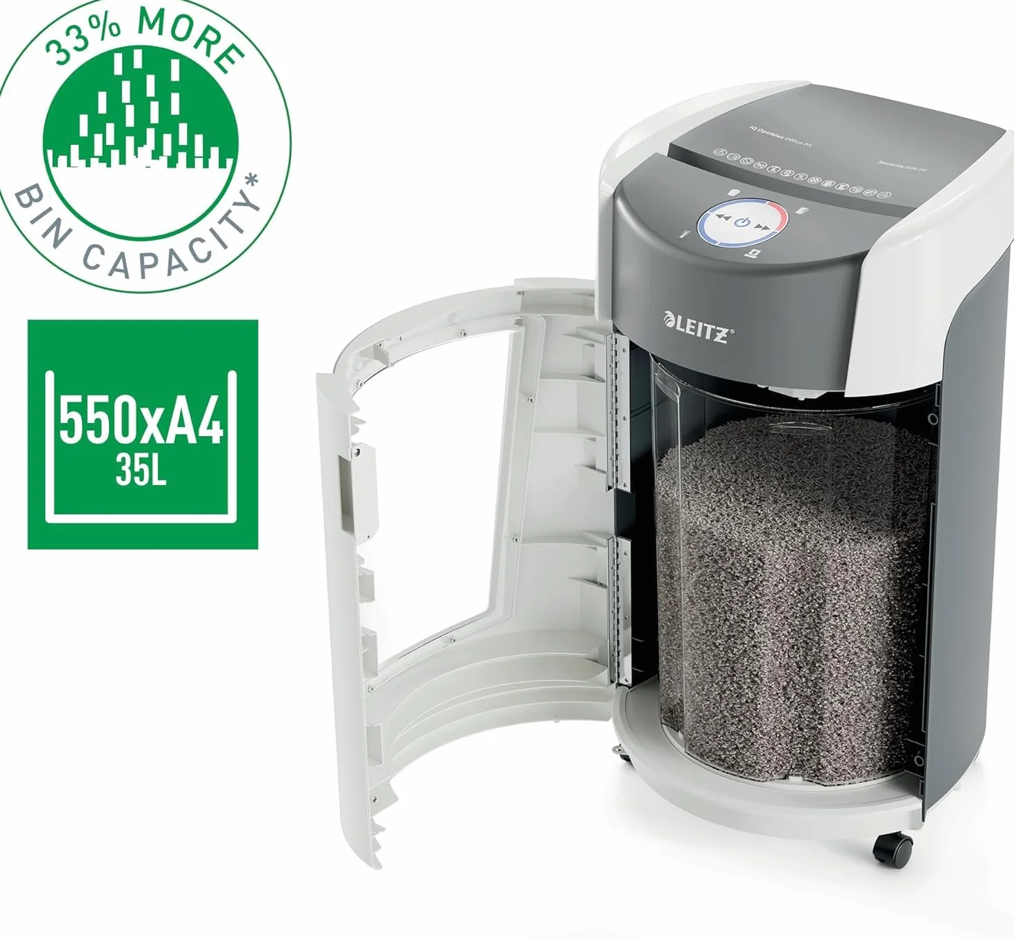 Leitz IQ Optimax Office 550 P5 Aktenvernichter, Mikroschnitt, Einzigartige Behälterrotation, 33% mehr Behälterkapazität, 550xA4 (35l-Behälter), 12-10 Blatt (70-80 g/m²), 120 Min Laufzeit, 83600000