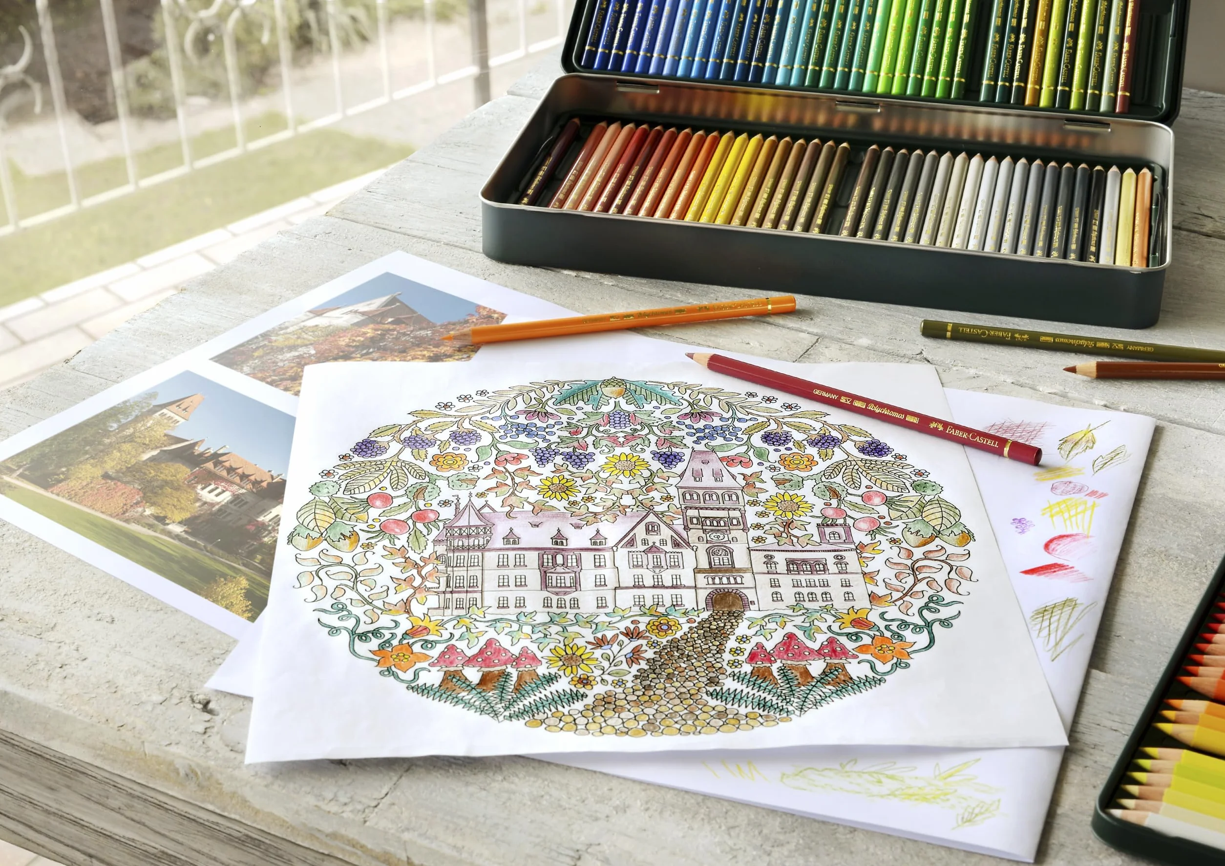 Faber-Castell A4 Skizzenblock & Dose mit 120 Polychromos Künstlerstiften, Kunstset Erwachsene Malbücher, Bastelbedarf, Zeichnen, Skizzieren, lichtecht, Schulen, Zuhause, College