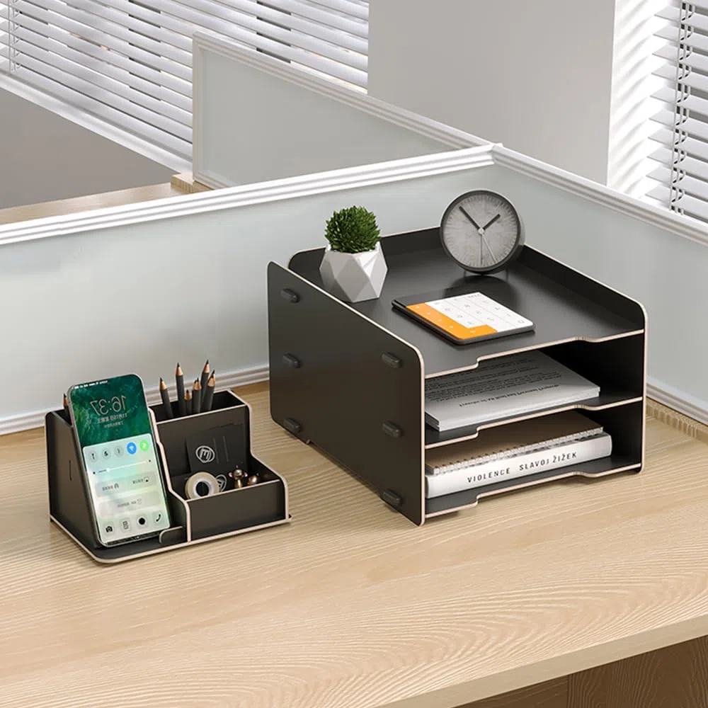 NUODWELL Holz Schreibtisch-Organizer-Set – 3-Etagen-Papier-Briefablage/A4-Datei-Dokumentenhalter/Stiftehalter, Desktop-Organizer und Aufbewahrung für Büromaterial (Schwarz)