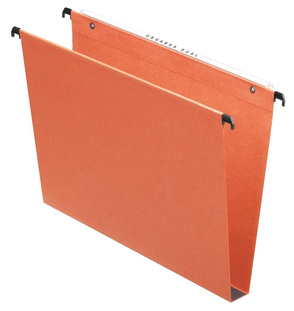 Esselte Kori Vertikale Hängemappe, Kanzleipapier, 50 Stück verbindbare Mappen, einschließlich Reiter, orange, Orgarex Serie Karierte Grundfläche Orange