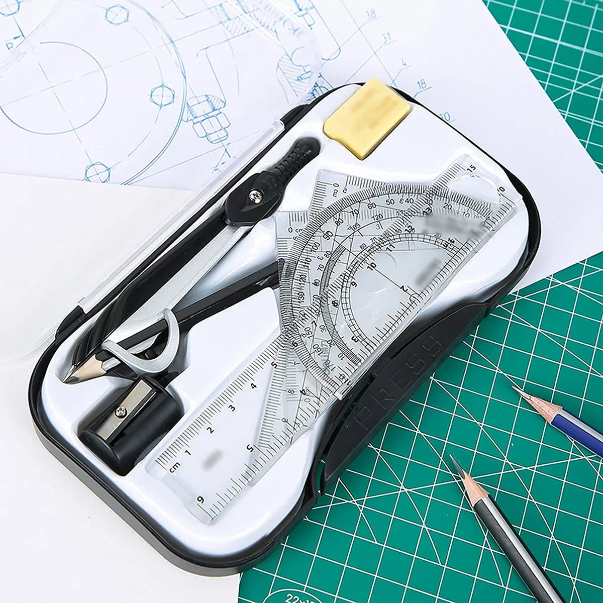 Mathe-Kompass, 7-teiliges Winkelmesser- und Zirkel-Set, Kompass für Geometrie, Mathe-Kompass, Kompass für die Schule mit Aufbewahrungsbox, schwarzer Kompass für Geometrie