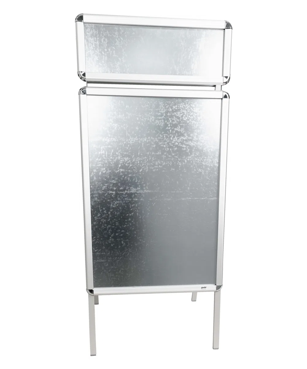 Kundenstopper DIN-A1, Passantenstopper Silber mit Top-Schild für Firmenlogo oder Werbeslogans, Palaktaufsteller für Innen und Außen, Werbeaufsteller zweiseitiges Display mit Klapp-Profile
