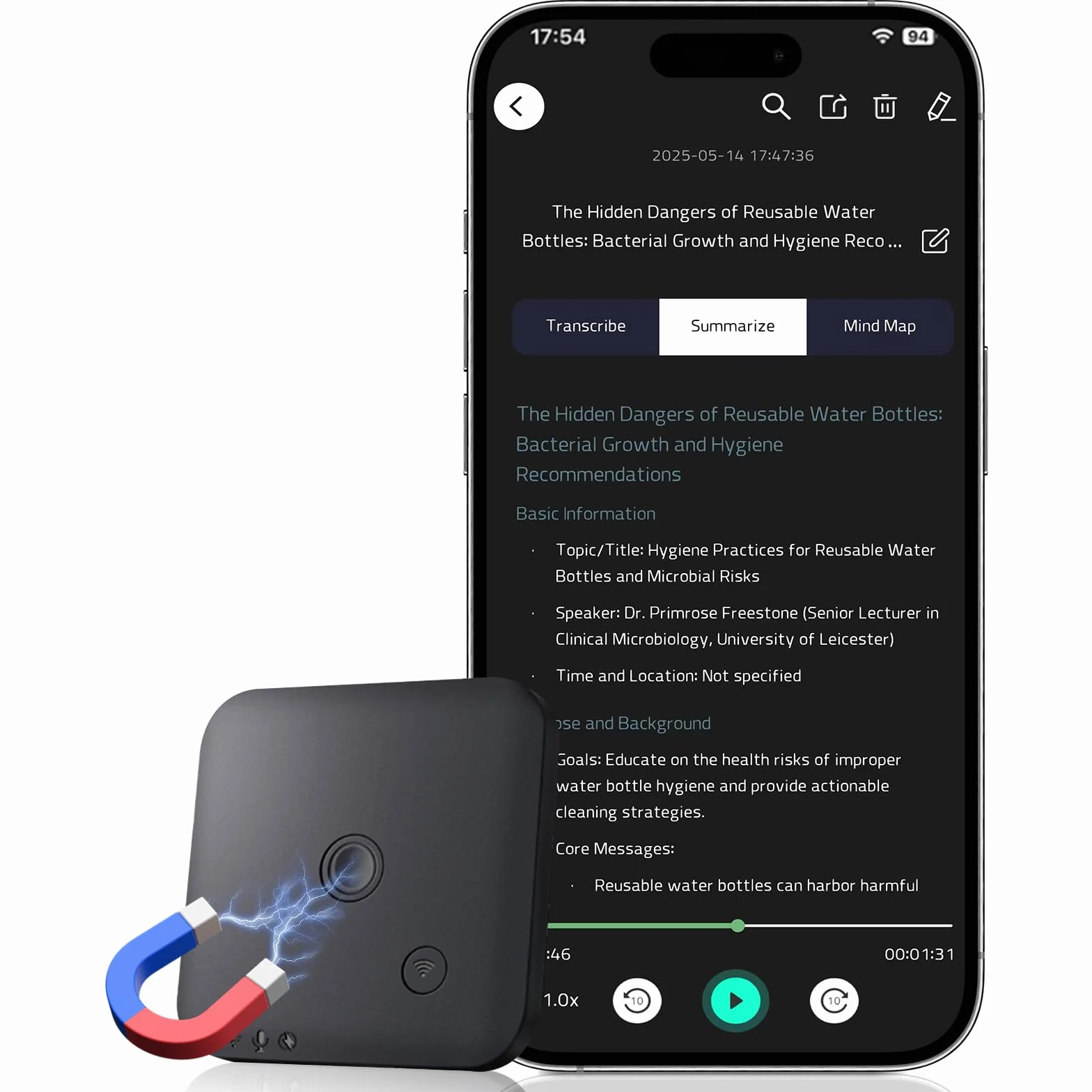 KI Digitales Diktiergerät 64GB – Aufnahmegerät mit Automatischer Transkription und Zusammenfassung, ChatGPT 4o, 102 Sprachen, App-Steuerung, Ideal für Meetings, Vorlesungen, Interviews und Anrufe