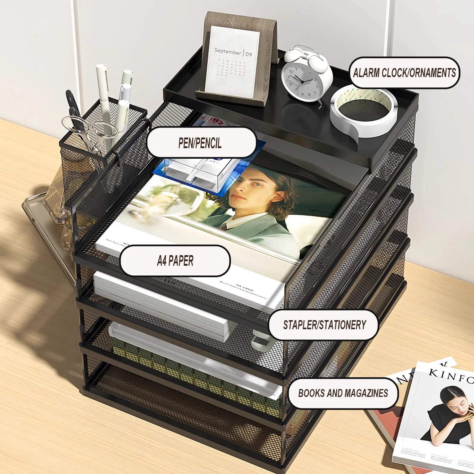 Stapelbare Briefablage mit 5 Ebenen, Büro-Schreibtisch, Papier-Organizer, Aktenablagen, Schreibtischhalter für Papierbriefzubehör, mit Stifthalter