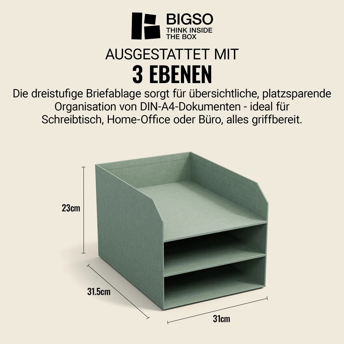 BIGSO Trey 3-stufige Briefablage – praktische Ablagefläche für Briefe, Dokumente in DIN A4-Format – Ordnungssystem aus Faserplatte mit Papier in Leinenoptik – mintgrün