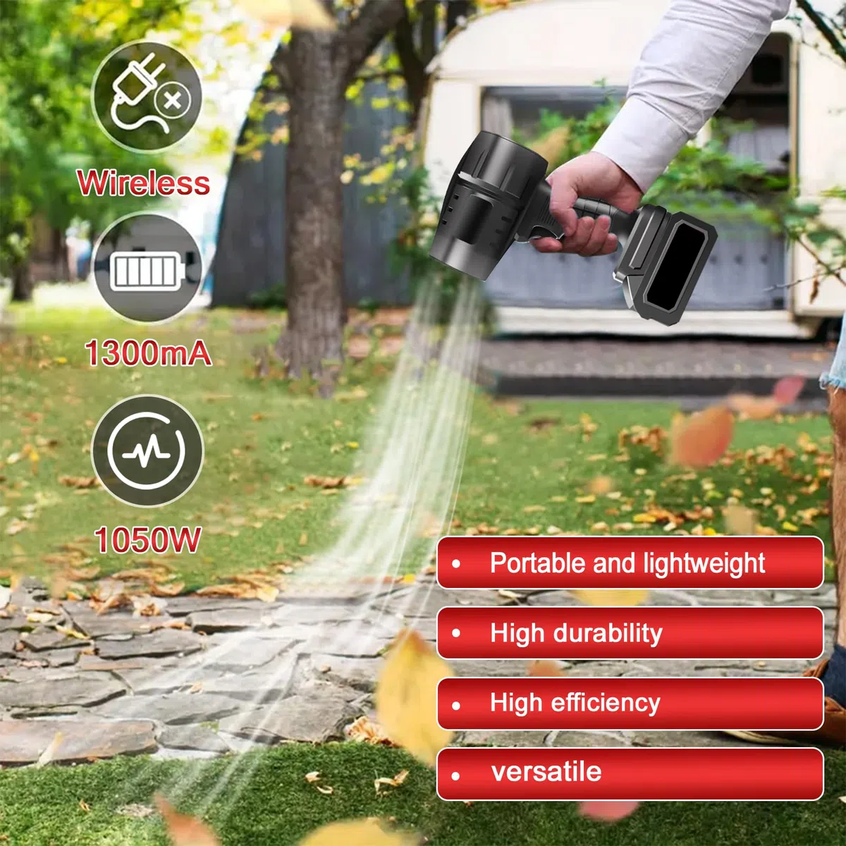 Laubbläser Akku, 800W 35000RPM Turbo Gebläse Akku, mit 21V 1300mAh Batterien, Stufenlose Drehzahlregelung Staubreiniger, Zum Stauben, Autoreinigung und Wasserabblasen, Gartenreinigung (Kurz)