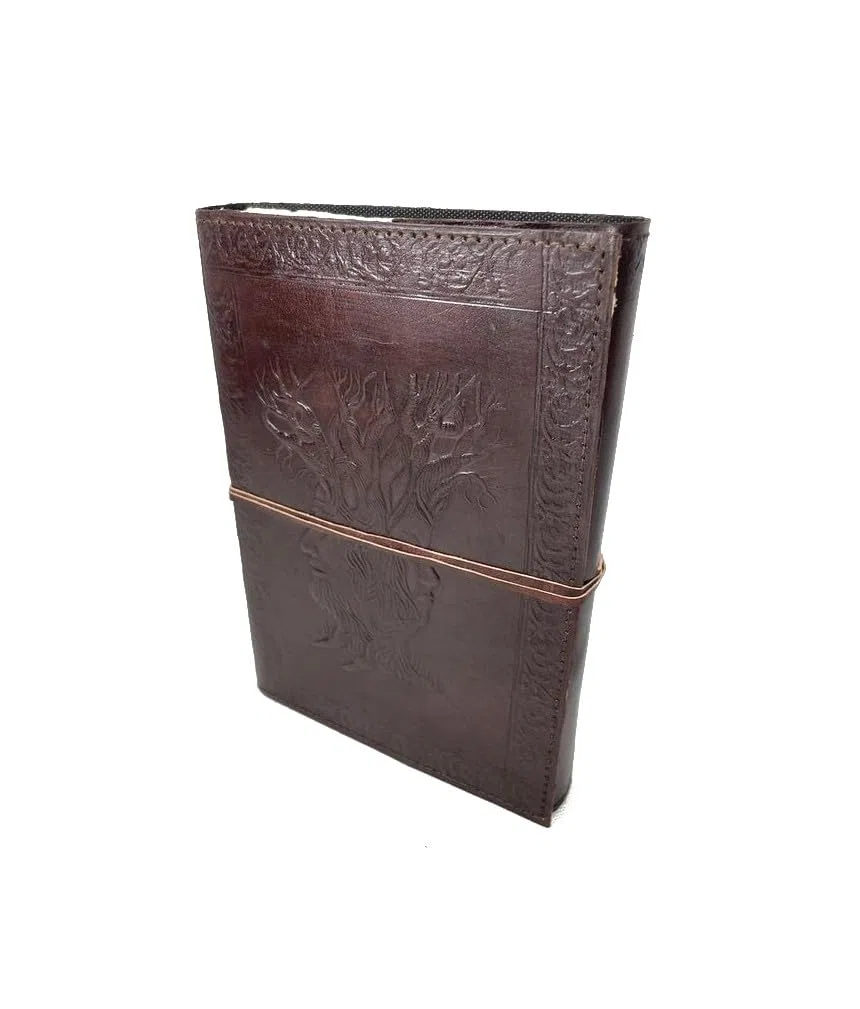 ROOGU Stammbaum [L] * Leder Notiz- Gäste- Skizzenbuch Handmade in Indien – Baum des Lebens Prägung – B5 Format