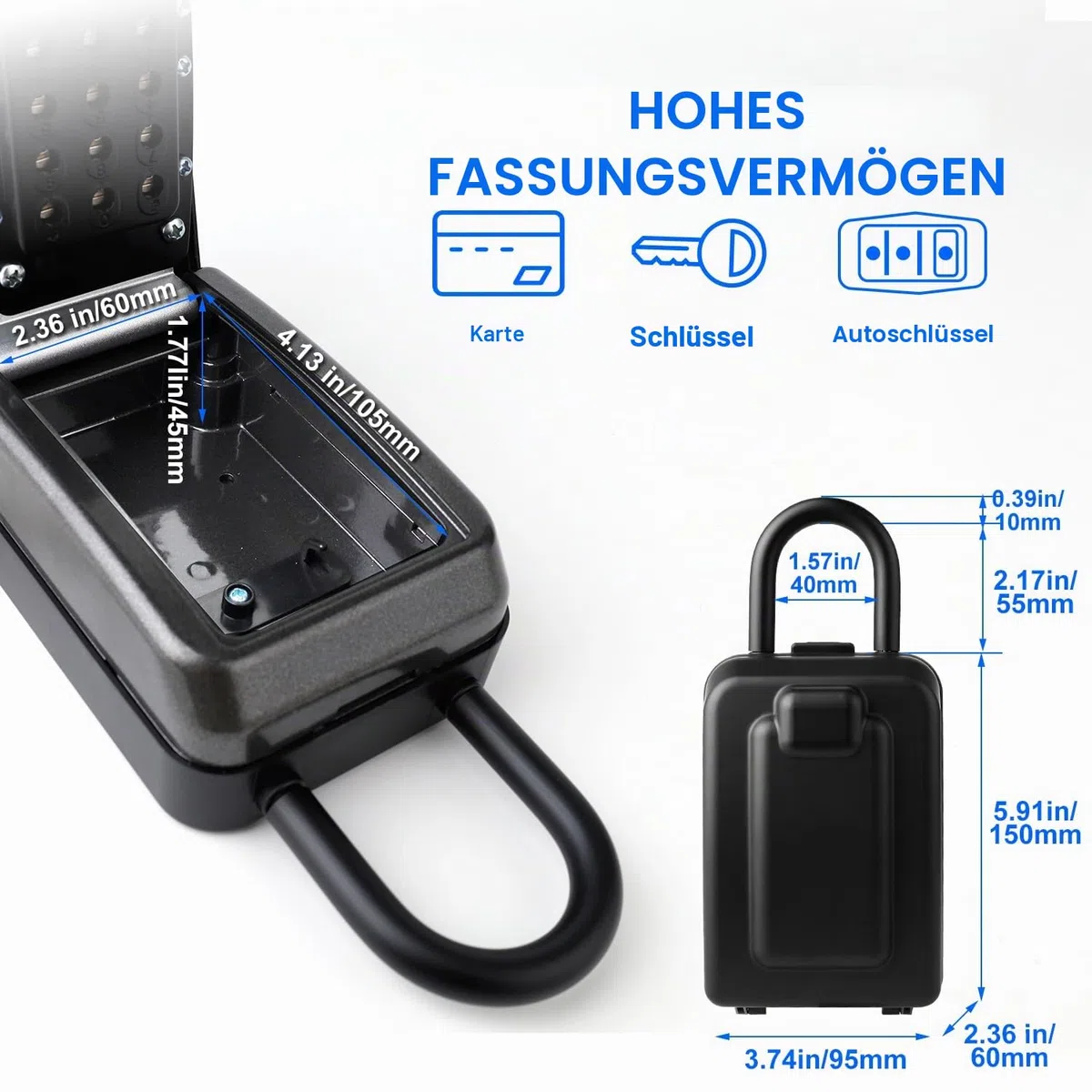 Schlüsselschlossbox, 12-stelliger Code, wetterfeste Wandhalterung, große Kapazität 5–8 Schlüssel, Aluminiumlegierung (Schwarz, 9,1 x 5,7 x 19,8 cm mit Bügel)
