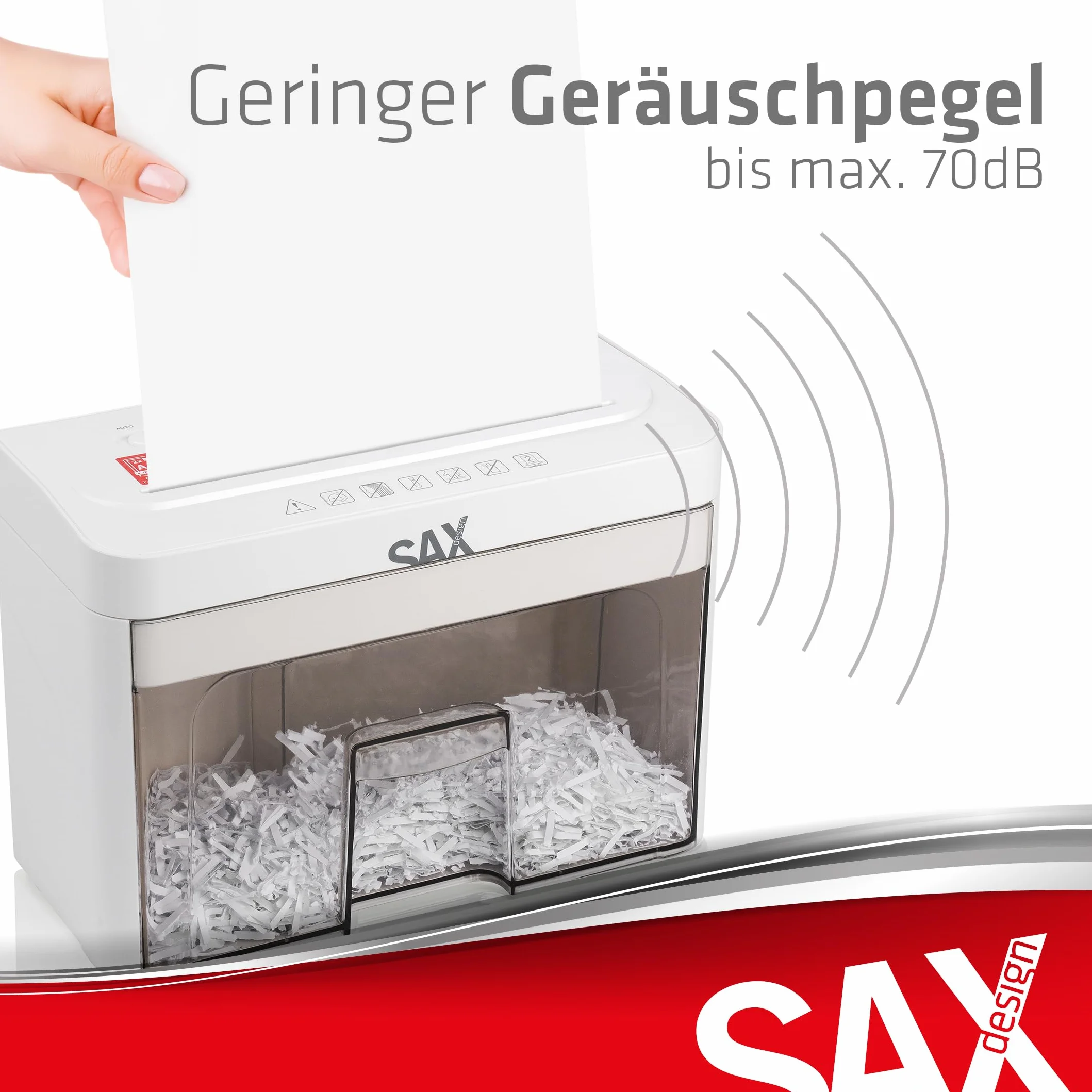 Sax Aktenvernichter Bruno – Partikelschnitt 3x18mm, Schreddert Papier, CDs & Karten, 220mm Zuführungsöffnung, 2 Blatt A4 Kapazität, 3,5L Behälter, Leise bis 70dB, Ideal für Büro & Home-Office
