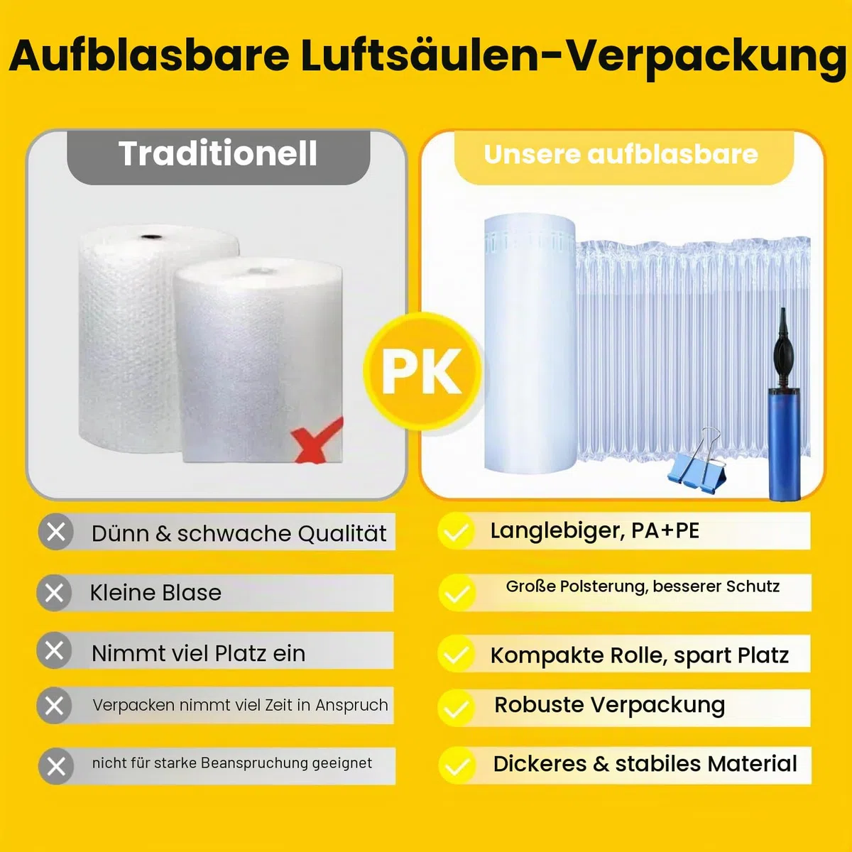 Luftpolsterfolie, aufblasbare Luftsäulenverpackung, große Luftpolsterrolle für schwere Beanspruchung, Versandbedarf für Online-Shop, Umzugsverpackungsrolle (transparent, 30cm x 50 m)