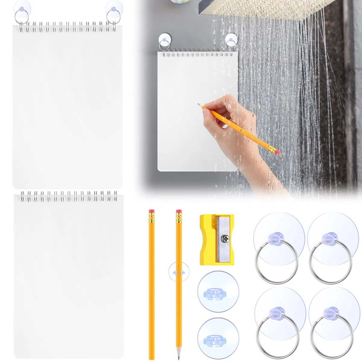 Sayglossy 2 Sets Dusch-Notizblock, wasserdicht, mit Bleistift, Saugnapf, Bleistiftspitzer-Sets, wasserdichter Dusch-Notizblock mit wasserdichtem Papier für Badezimmer, Zuhause, Büro, Wand