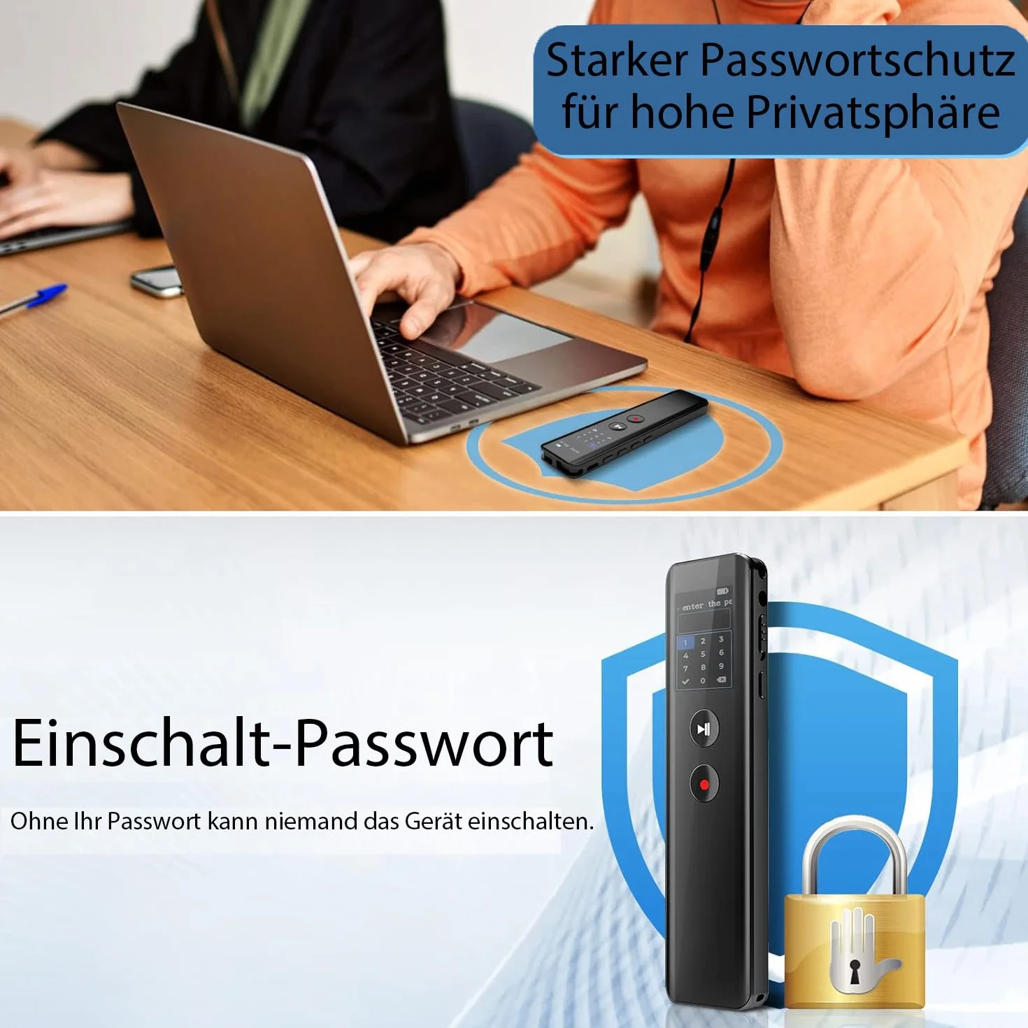 128GB Digitales Diktiergerät mit Wiedergabe,KI Geräuschunterdrückung, Sprachaktivierung, MP3-Player, Passwortschutz, USB-C, Bluetooth-Anrufaufnahme, für Vorlesungen,Meetings,Interviews