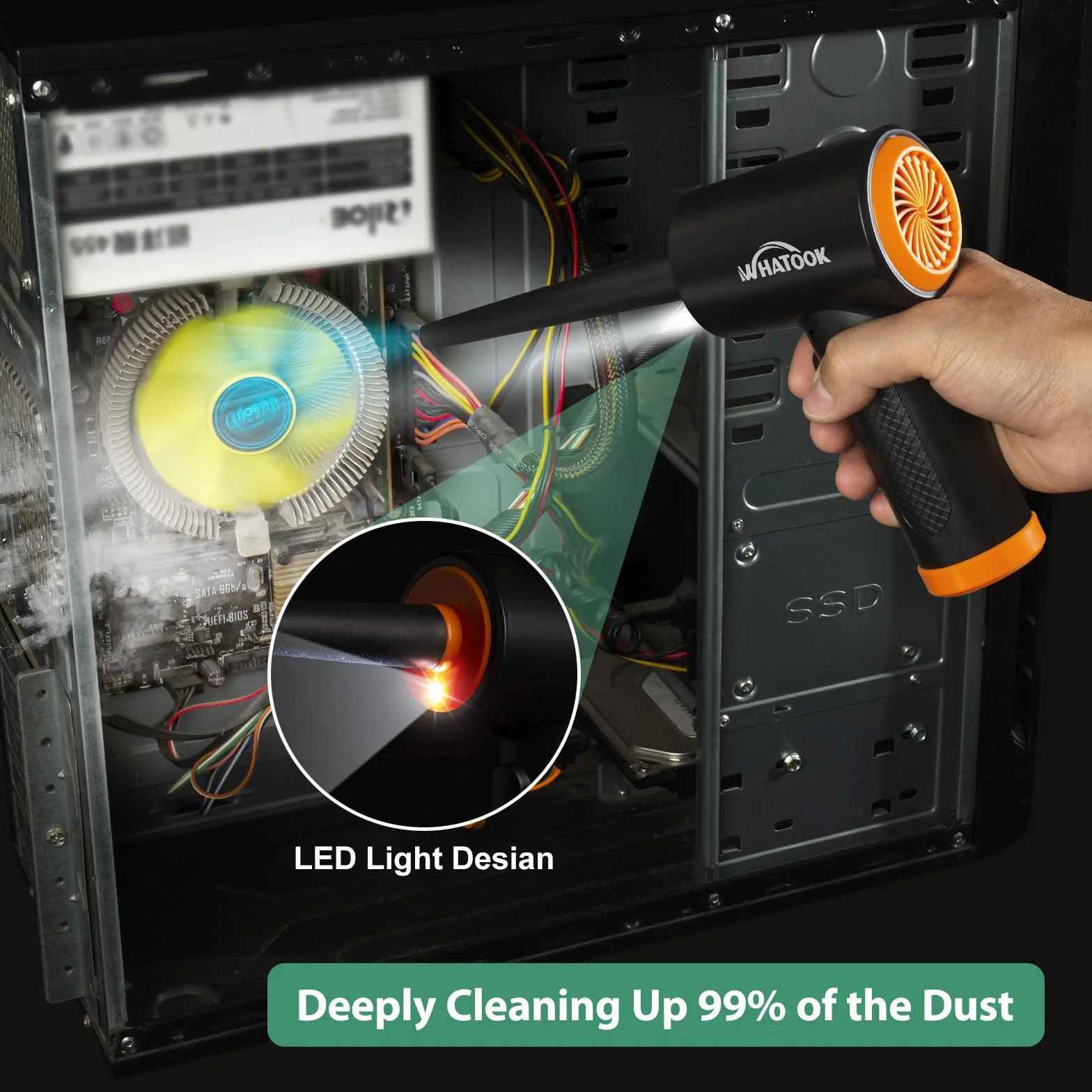 Elektrisches Staubgebläse 60000 U/min, 3 Stufen, LED, USB-C | Druckluftspray-Alternative & Air Duster mit 5 Düsen für PC, Tastatur, Laptop, Kamera, Auto und enge Ecken