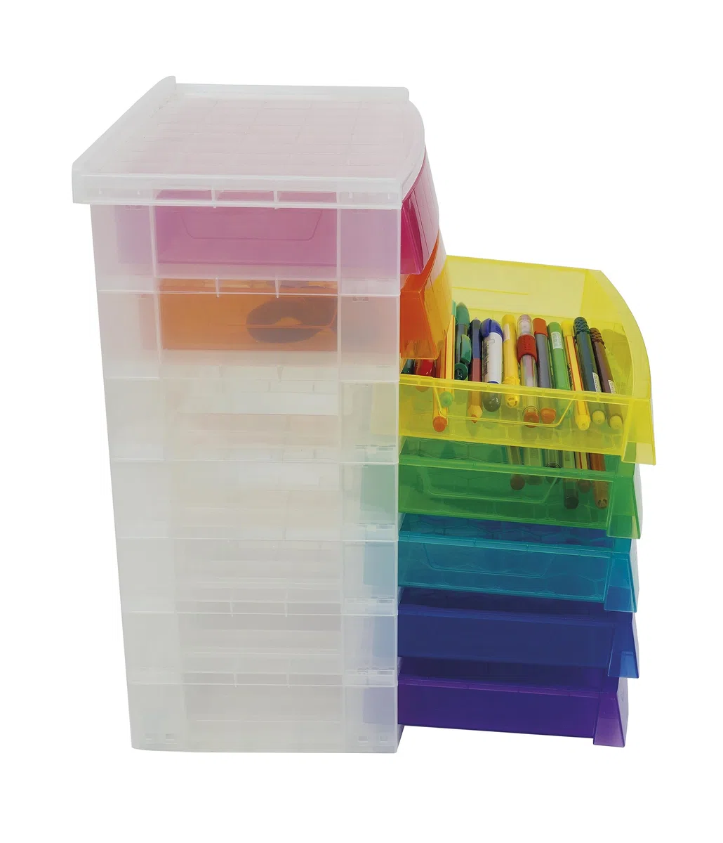 TimeTEX - Schubladen-Box Regenbogen | Schubladen-Box in 7 Farben, ideal für die Organisation und als Hingucker auf dem Schreibtisch. Aus 100% recycelbarem Polypropylen | Inhalt: 7 Schubladen