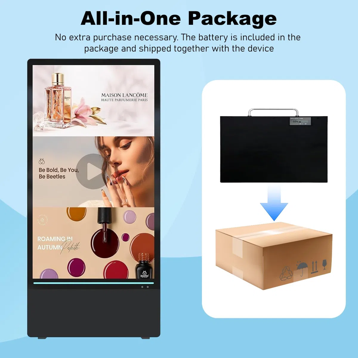 55" Outdoor Digital Customer Stopper, Digital Signage Display with Rechargeable Battery, 2000 Nits High Brightness LCD, IP65 Waterproof Movable Poster Stand with Wheels, für Gastronomie & Retail