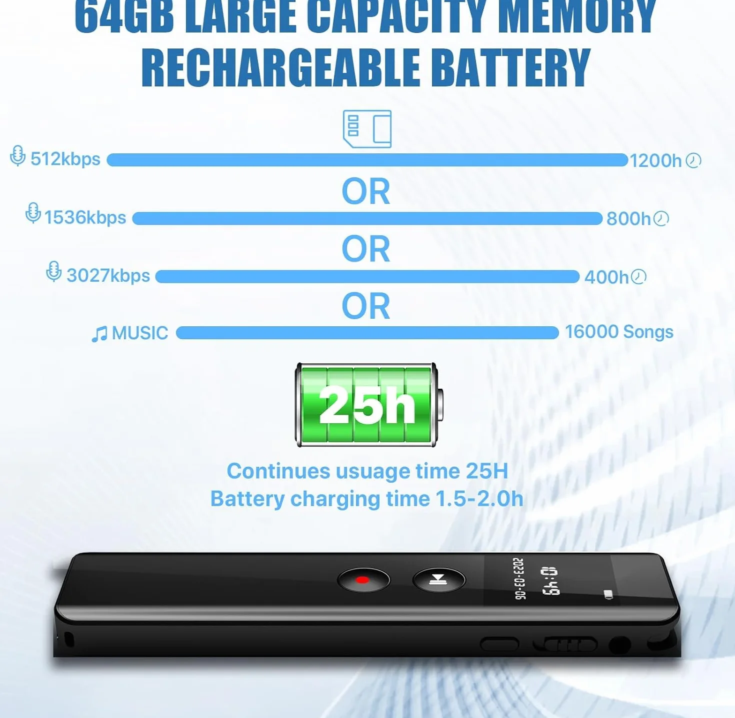128GB Digitales Diktiergerät mit Wiedergabe,KI Geräuschunterdrückung, Sprachaktivierung, MP3-Player, Passwortschutz, USB-C, Bluetooth-Anrufaufnahme, für Vorlesungen,Meetings,Interviews