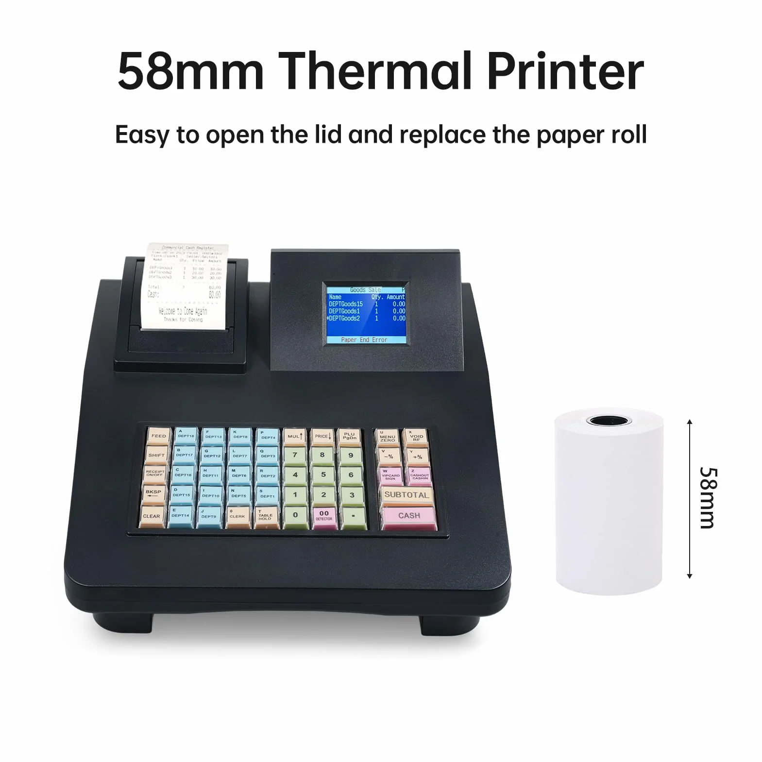 ZJchao T2MINI Elektronische Registrierkasse, 48 Tasten, 2,8-Zoll-Display mit 58-mm-Thermodrucker, USB-RS232-Anschluss für Einzelhandel, Restaurant, Café, Supermarkt (EU-Stecker)
