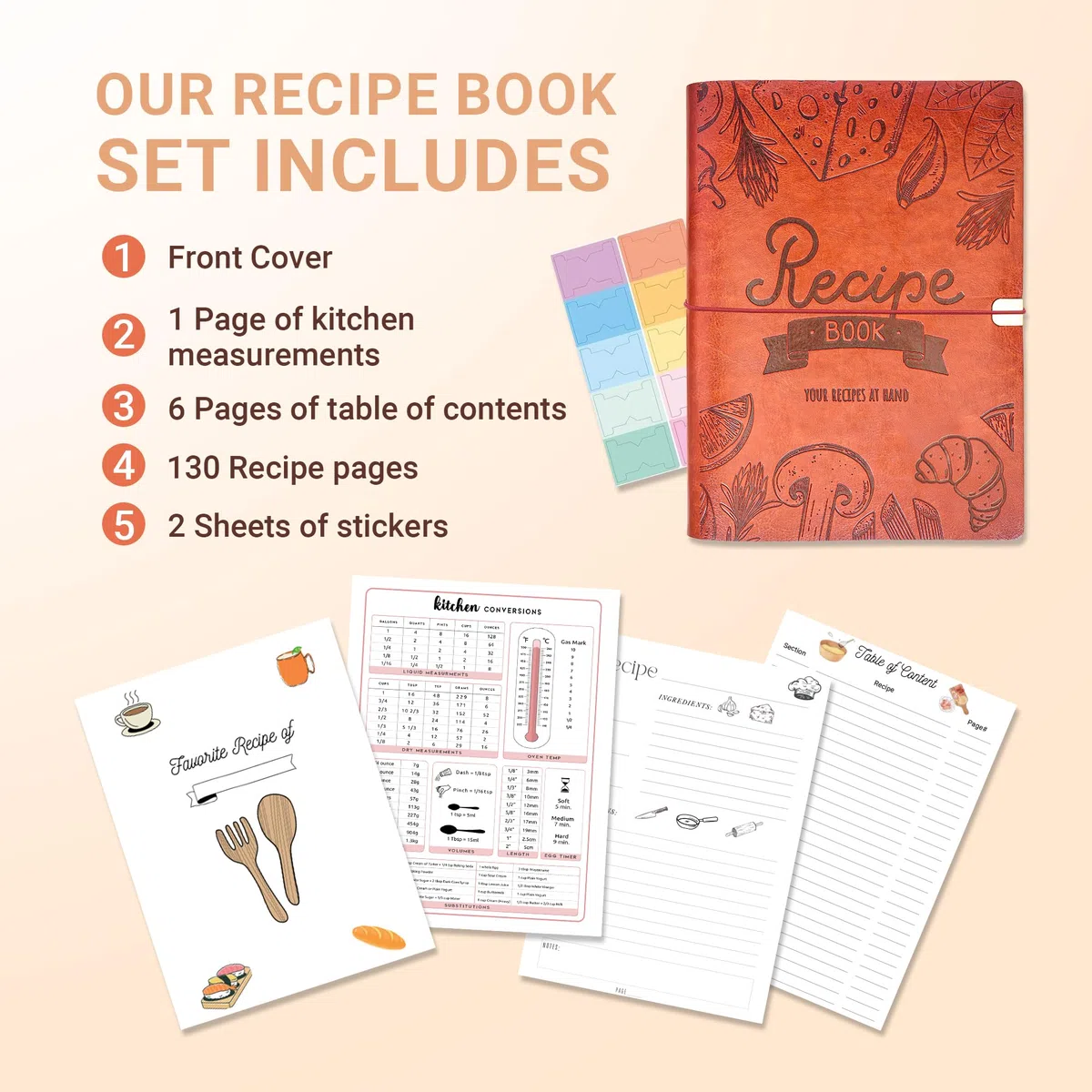 Rezeptbuch zum Einschreiben eigener Rezepte – A5 blanko Rezeptbuch mit Ledereinband – hält 130 Rezepte – inklusive Aufkleber – Familien-Kochbuch Geschenk für Frauen & Hobbyköche