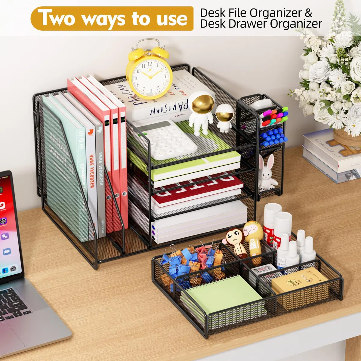 Schreibtisch Organizer mit Aktenhalter - 5-Tier Briefablage Ablagefächer mitSchublade,4 Stithalter, Schreibtisch-Aufbewahrung, Zeitschriftenhalter fürBürobedarf (schwarz)