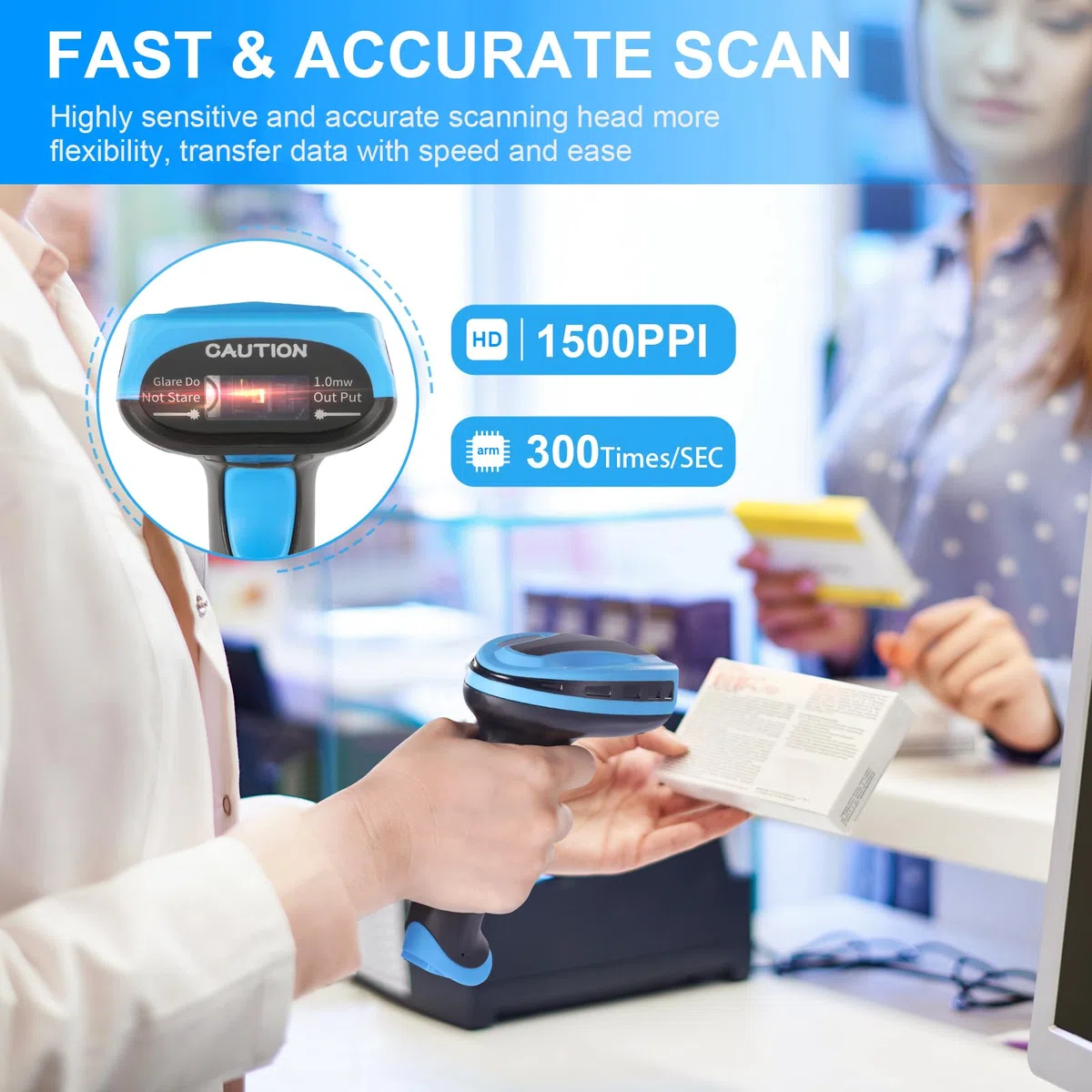 Barcode Scanner Wireless, Wiederaufladbare 1D Laser Kabelloser Scanner, Handscanner Kabellos Vielseitig 2 in 1 2.4Ghz und USB 2.0