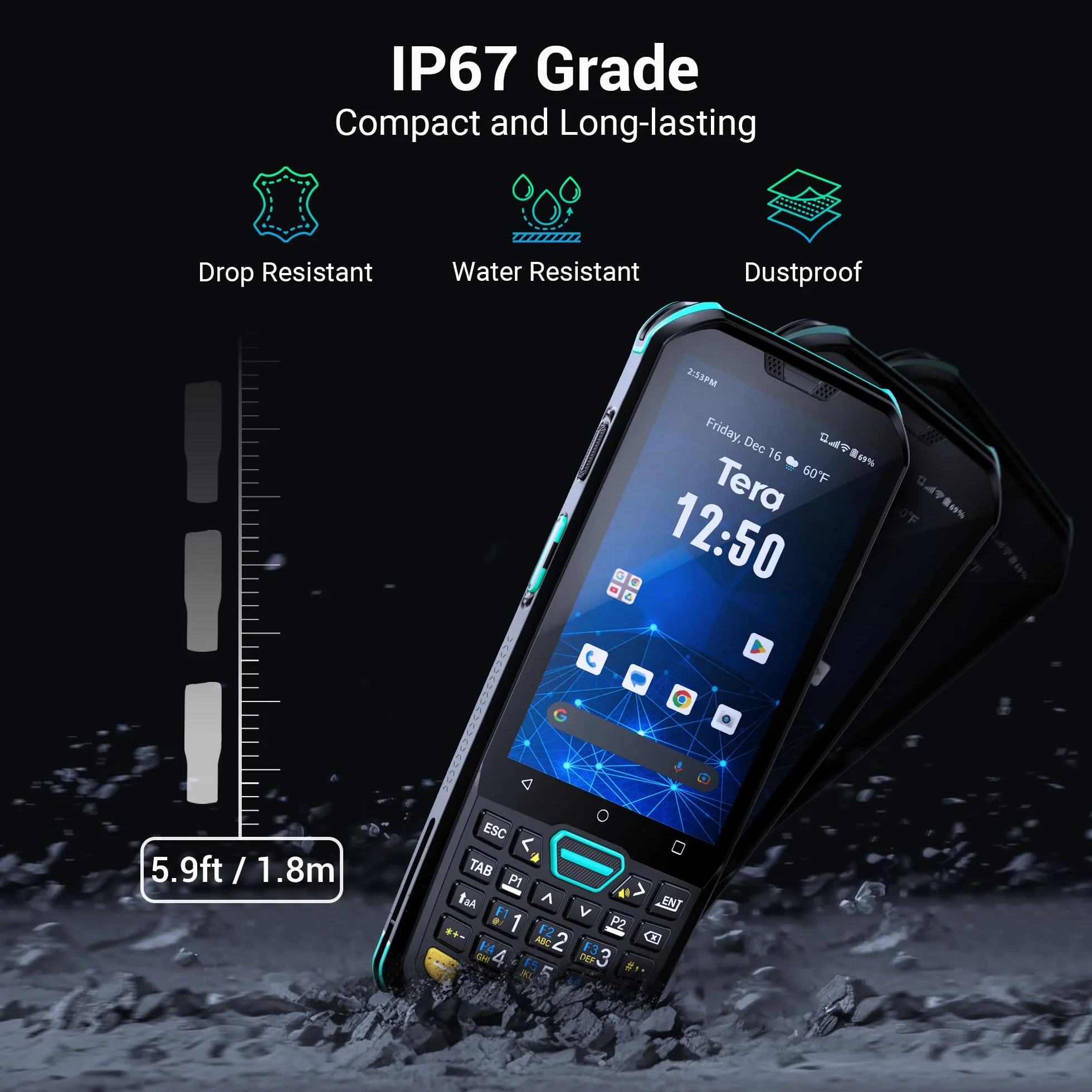 Tera Android 11 Barcode-Scanner mit 26 Tasten HS7-Scan-Engine IP67 robust 4+64GB 5100 mAh Akku QC 3.0 Schnellladung 4” Touchscreen mobiles Terminal für Lagerbestandsscanner Modell P400