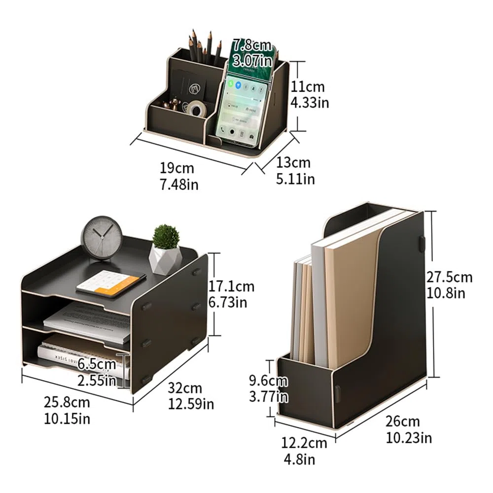 NUODWELL Holz Schreibtisch-Organizer-Set – 3-Etagen-Papier-Briefablage/A4-Datei-Dokumentenhalter/Stiftehalter, Desktop-Organizer und Aufbewahrung für Büromaterial (Schwarz)