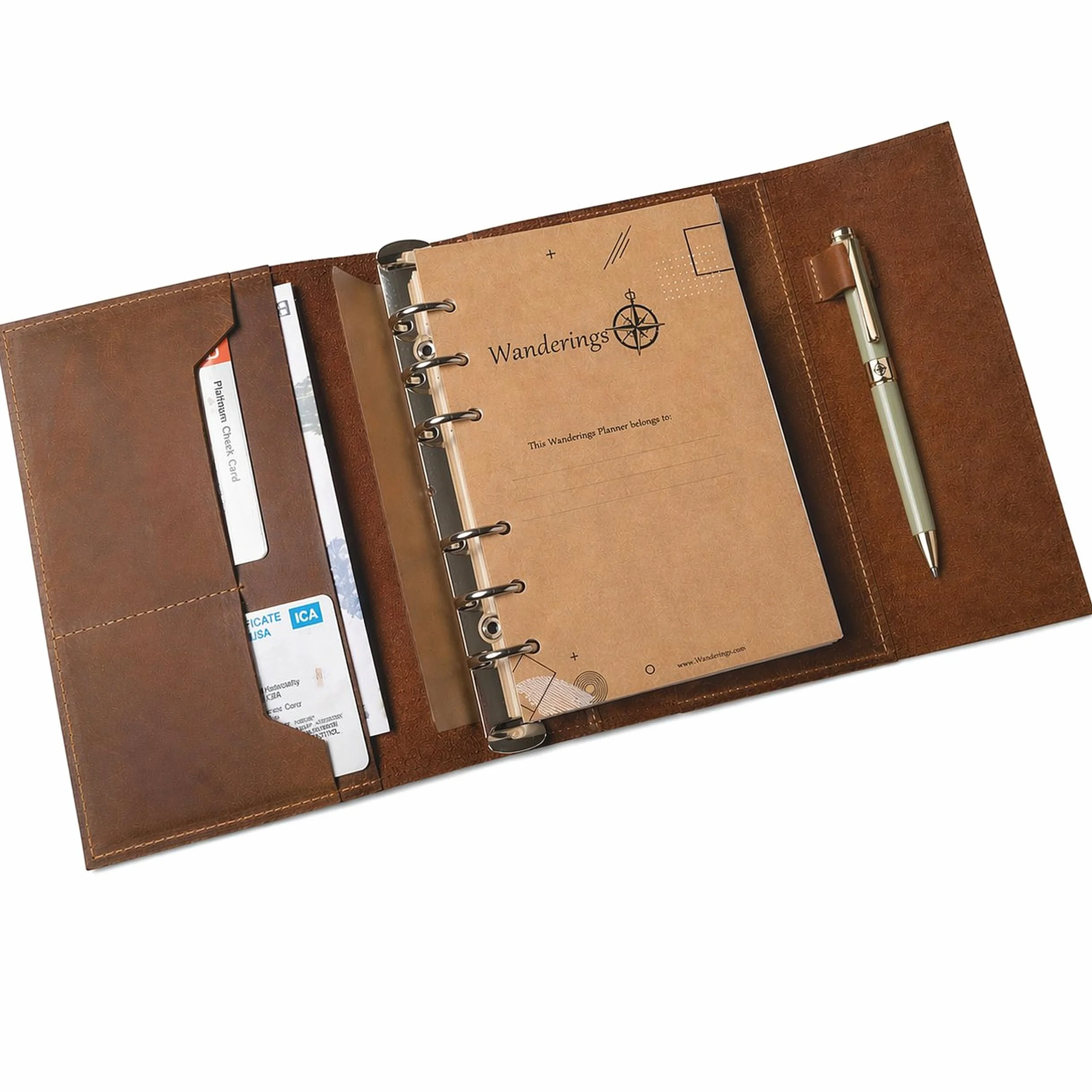 Wanderings A5 Leder Ringbuch Planer – Nachfüllbares 6-Ring-Journal mit Innentaschen – Handgefertigtes Echtleder-Organizer, Filofax-Kompatibel – 2026/27 Wochen- und Monatskalender – 15 x 22 cm