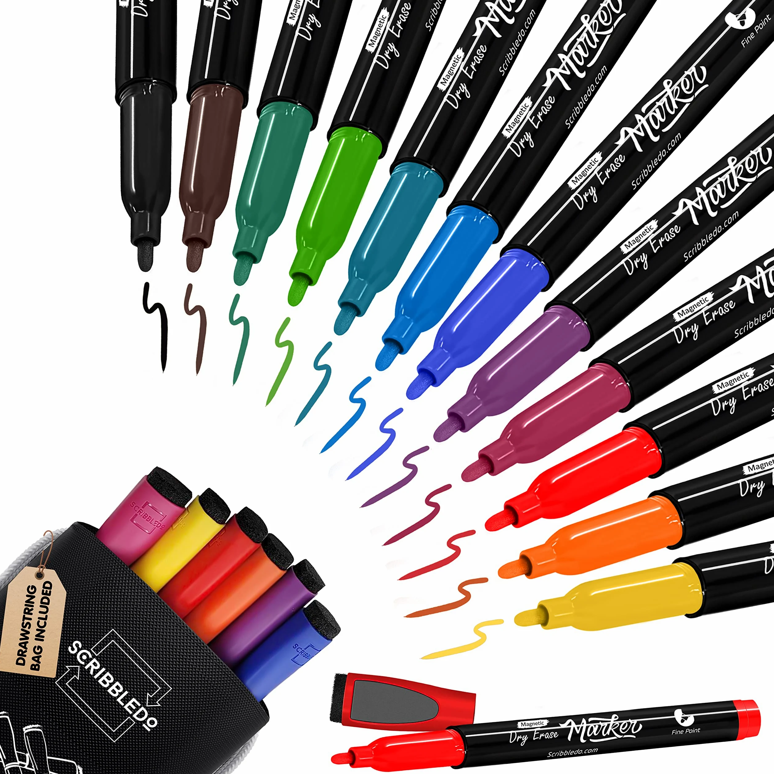 Scribbledo Magnetische, trocken abwischbare Marker, feine Spitze, verschiedene Farben, geruchsarm, mit Radierkappe, dünne Whiteboard-Marker für Erwachsene, Studenten, Lehrer, Kinder (12 Stück)