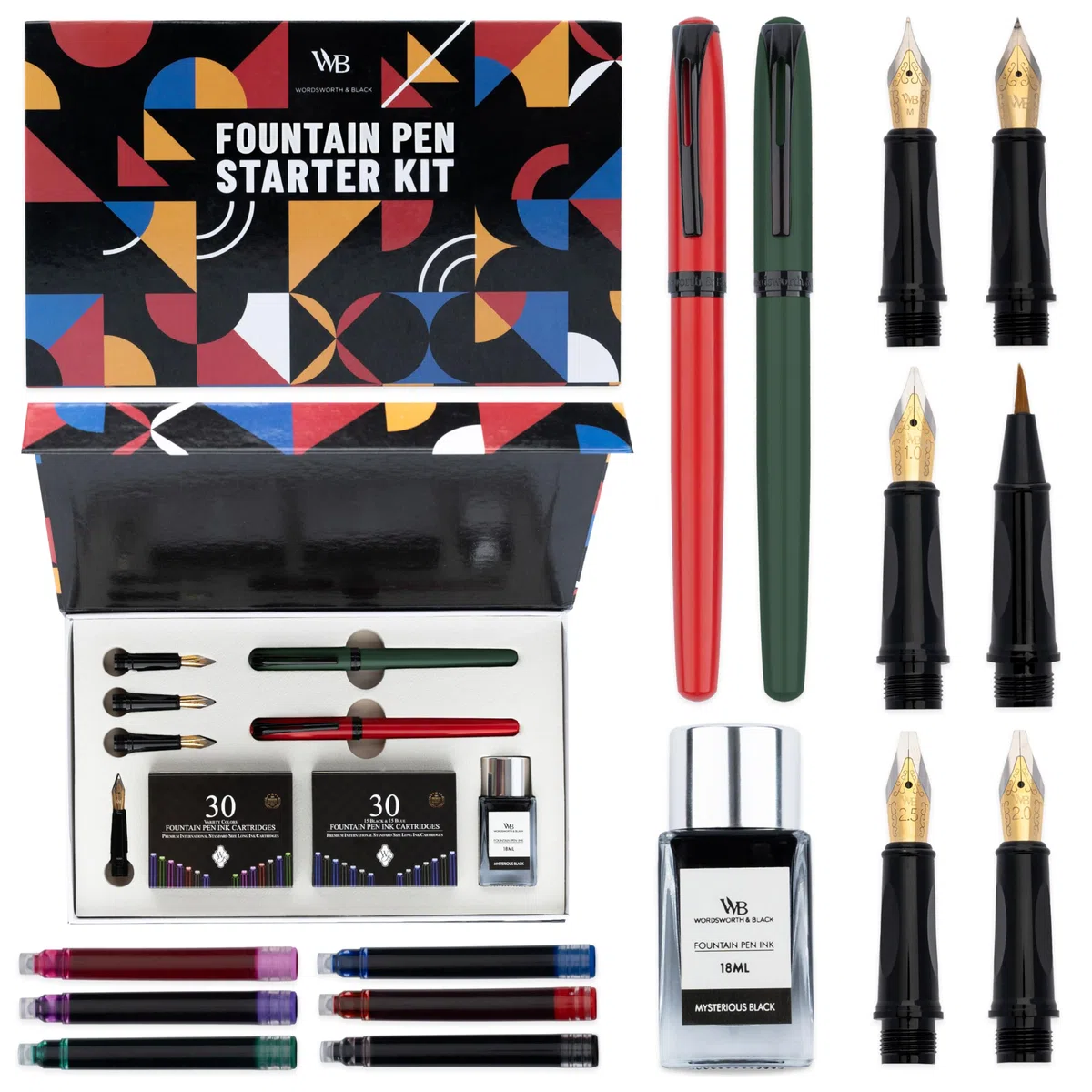 Wordsworth & Black Füller Set für Anfänger, Kalligraphie, Grün | Füllfederhalter, Pinselstift + 5 Federn, 60 Tintenpatronen + Tintenfass, Konverter, Journaling, Geschenk für Männer & Frauen