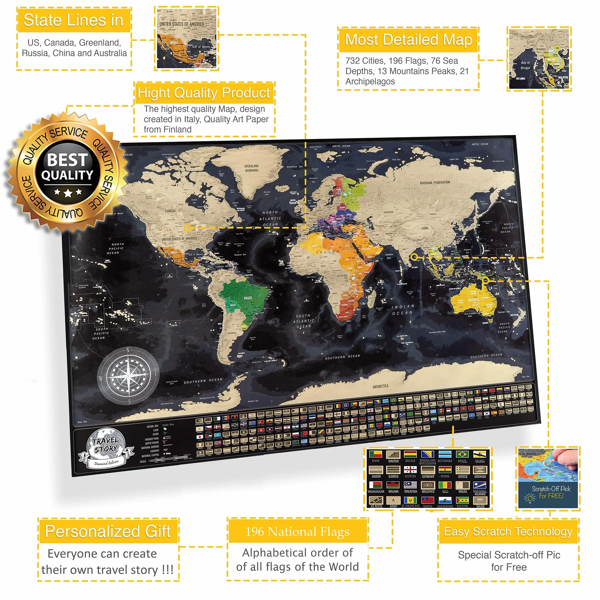 Scratch off World Map - Black Map with Gold Foil, Map size to fit standard Frames, World Map with Country Flags