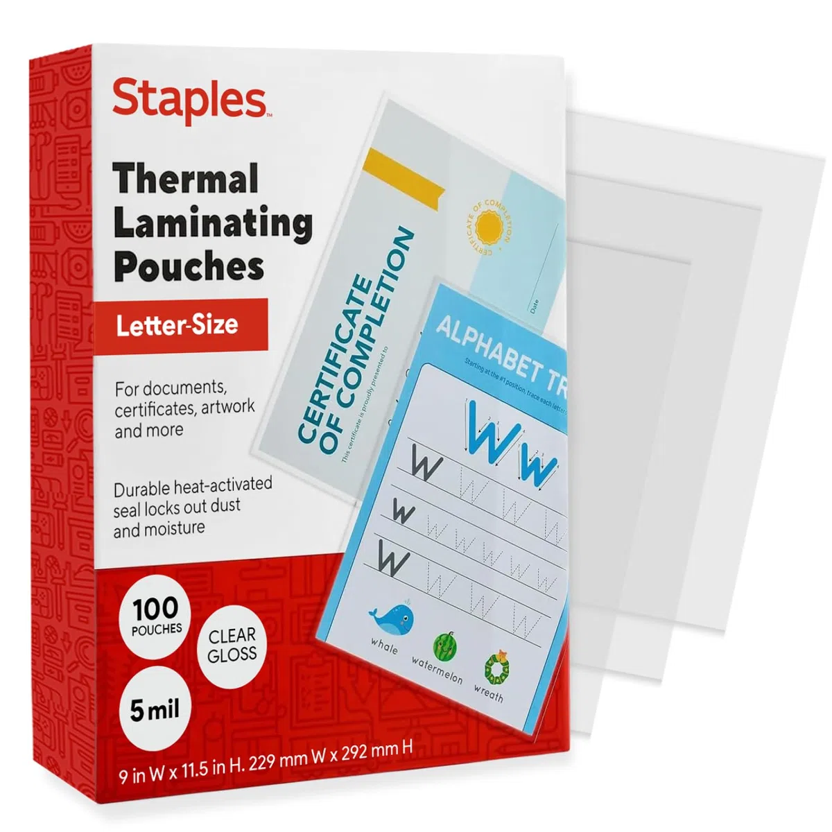 Staples Letter Size Thermal Laminating Pouches, 5 mil, 100 pack