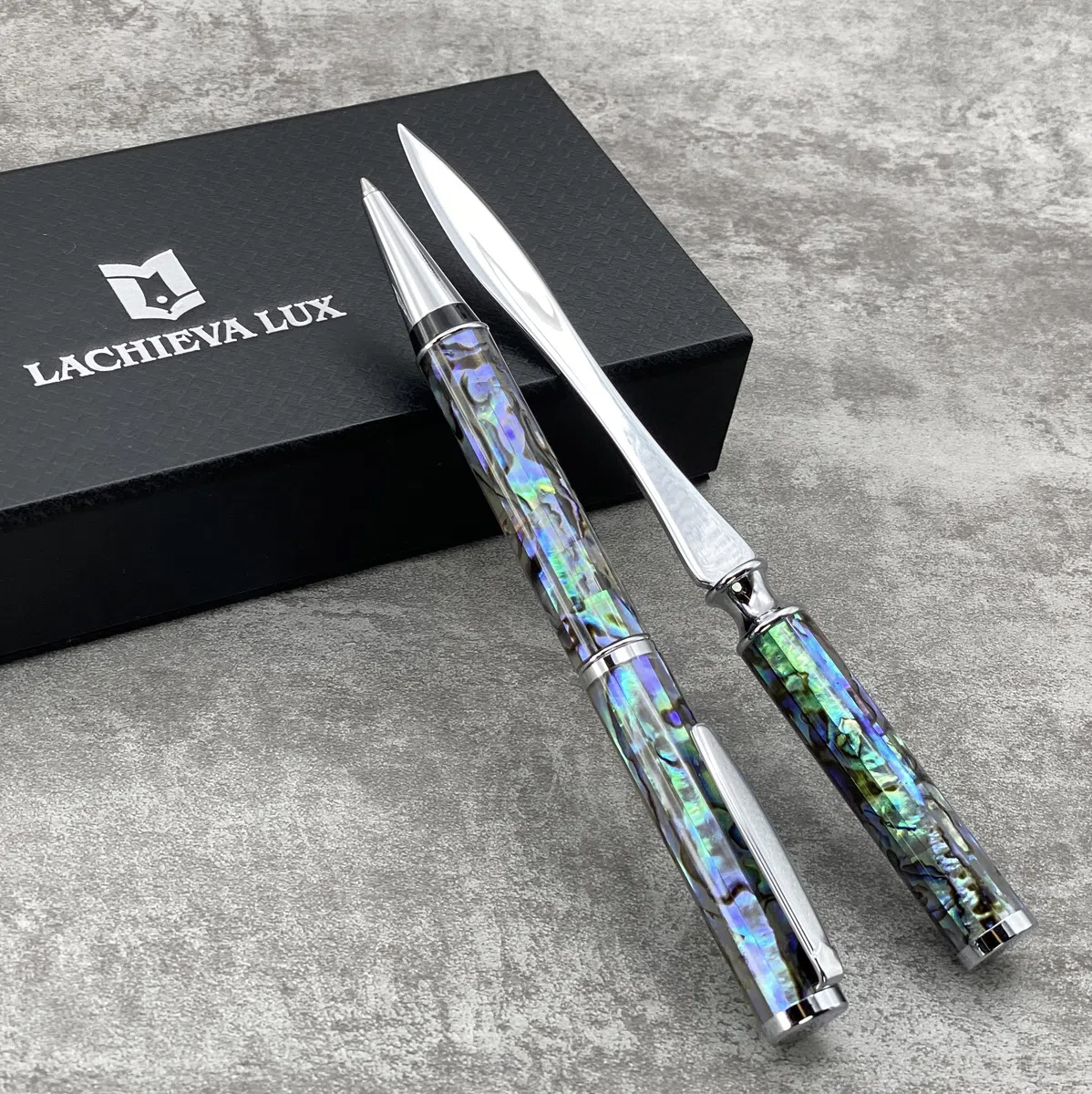 LACHIEVA LUX Abalone Shell Metall Kugelschreiber mit Shell Brieföffner Set, Bestes Geschenk zum Schreiben, Nettes Stiftset Geschenk für Männer & Frauen und jeden Feiertag