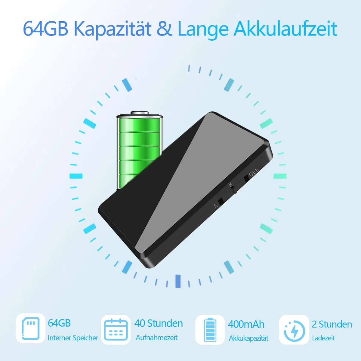 Diktiergerät Mini 64 GB - Voice-Recorder mit Sprachgesteuerter Aufnahme, Rauschunterdrückung, Audio Aufnahmegerät Mini mit Kopfhörer, Wiederaufladbarer Audiorecorder, für Auto/Meetings/Klasse/Vortrag