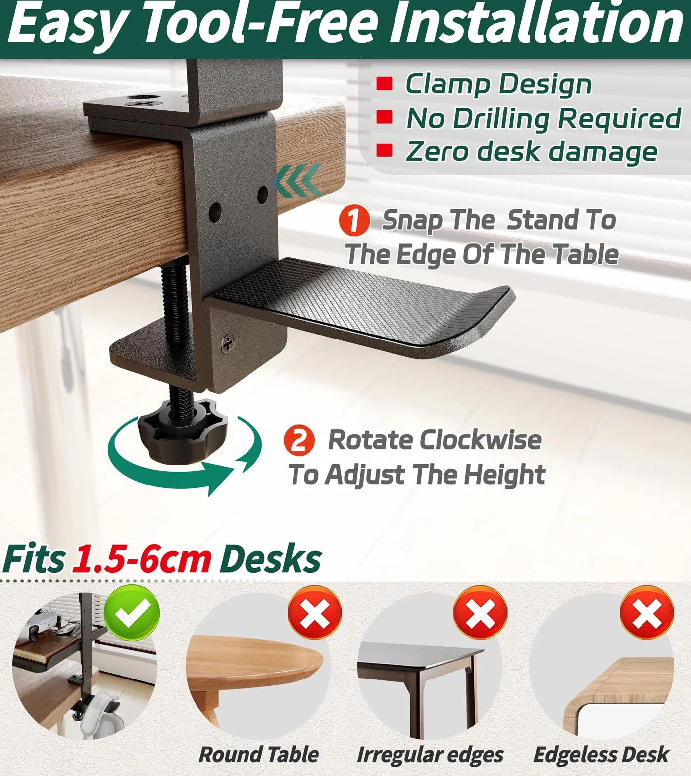 3-stufig Flexibles Klemmregal Schreibtisch Regal über & unter Tisch | Keine Bohrung, 3 Ablagen 28x17,5cm, 1,5-6cm Tischplatte, Edelstahl, Büro/Gaming, TV-Bank, Schreibtisch Erweiterung, seitlich