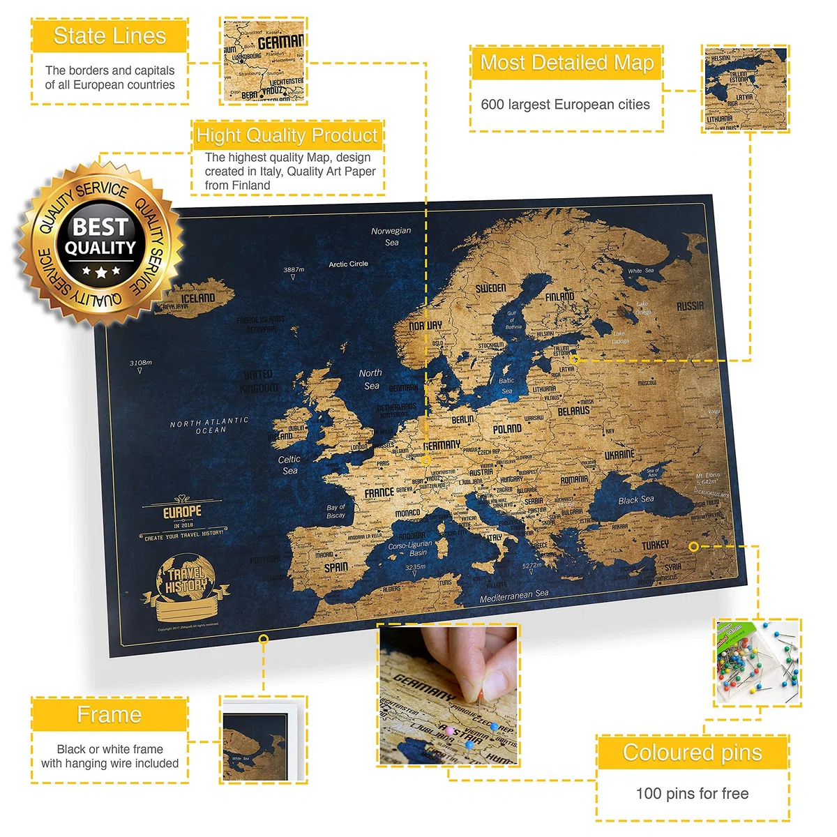 2Maps Europakarte Pinnwand mit farbigen Stecknadeln - Bonus 100 Pins, Abenteuer Karte mit Rahmen, Personalisierte Karten mit Originalfarben, Hergestellt in der EU, 43x3x53 cm, Natürlicher Holzrahmen