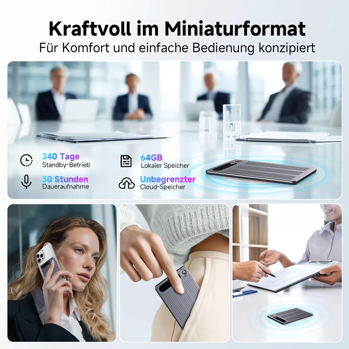 KI Digitales Diktiergerät 64GB, mit Transkribieren und Zusammenfassen | One-Touch-Aufnahme, 80+ Sprachen Übersetzung, Voice Recorder Für Meetings/Interviews/Klassen/Telefonate (mit schwarzer Hülle)