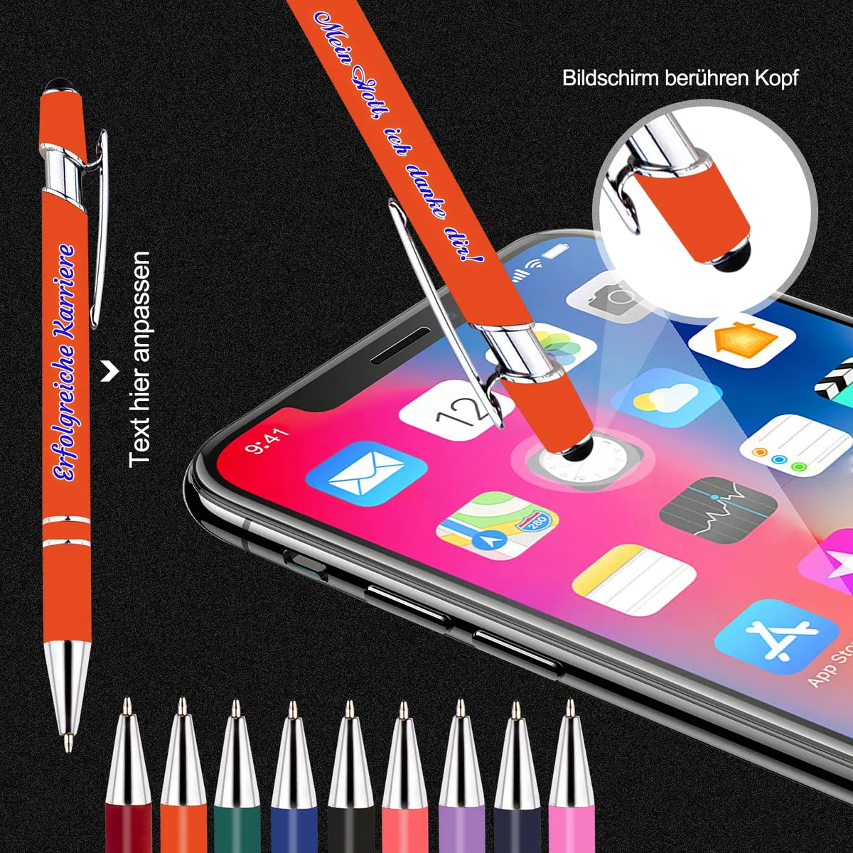 Personalisierter Kugelschreiber mit schwarzer Tinte, individueller Kugelschreiber mit Geschäftswerbung, Telefonnummer, kapazitiver Stift für Berührungen, Stift mit mittlerer Spitze, 216 STK
