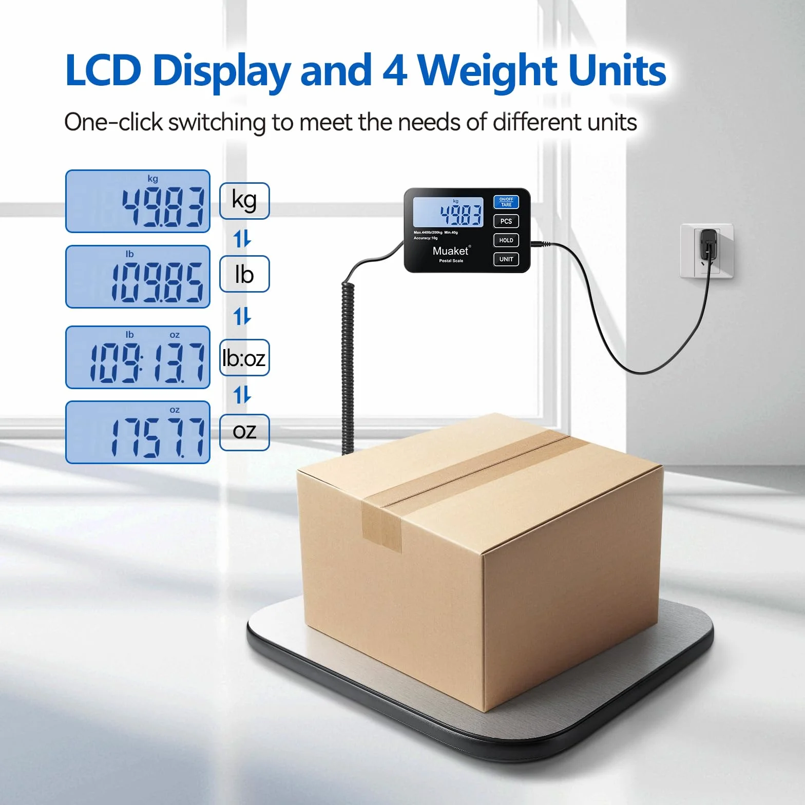 200kg/10g Paketwaage, Digitale Plattformwaage mit Halte und Tarafunktion, hochpräzise Waage mit LCD-Display, Postal scale für Gepäck, Pakete und Lager, inklusive 2 AAA-Batterien und Ladekabel