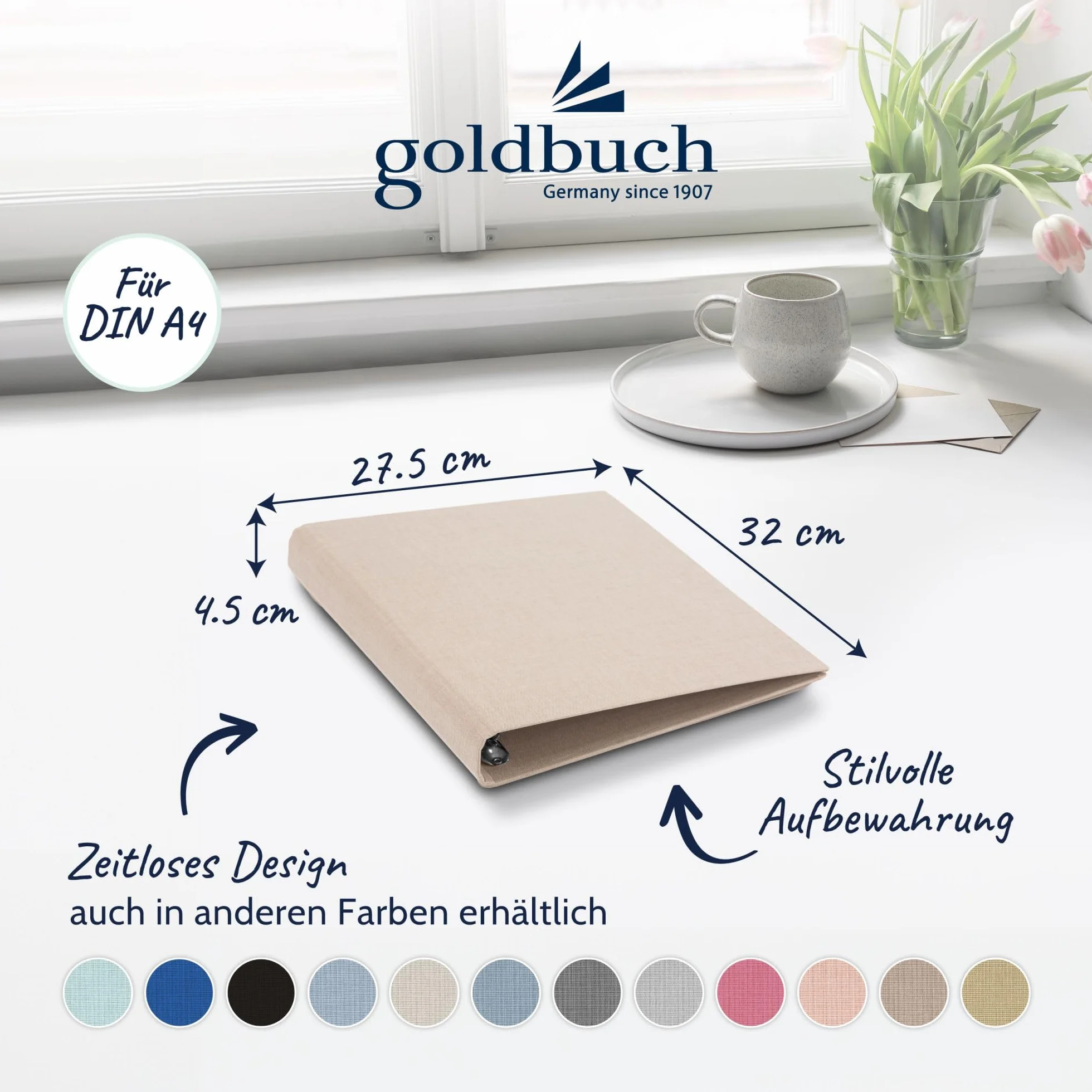 goldbuch 37 211 Ringbuch A4 Summertime Beige, Ordner, Maße 32 x 27,5 x 4,5 cm, Hefter mit 4-Ringmechanik und Klemmbügel, Ringordner Format DIN A4, Einband aus Leinen, Heftordner Hellbraun