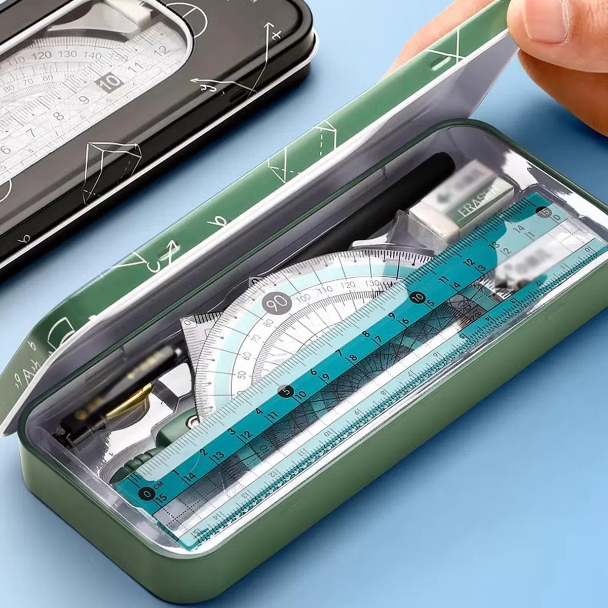 Mathe-Set, Winkelmesser-Set, Mathe-Geometrie-Set, 8-teilig, mit Aufbewahrungsbox, Schülerbedarf, Zeichenkompass, inklusive Winkelmesser, Linealen, Zirkel, Anspitzer, Minenminen, Bleistift, Radiergummi