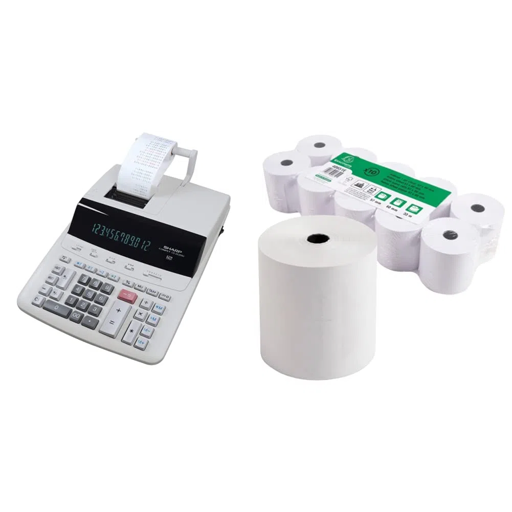 Sharp Druckender Tischrechner CS-2635RHGYSE (großes 12-stelliges Display & Exacompta 40651E 10er Pack Kassenrollen: 57mm, Länge 30m DurchmesserKern 12mm, 60g/m² extra-weiß