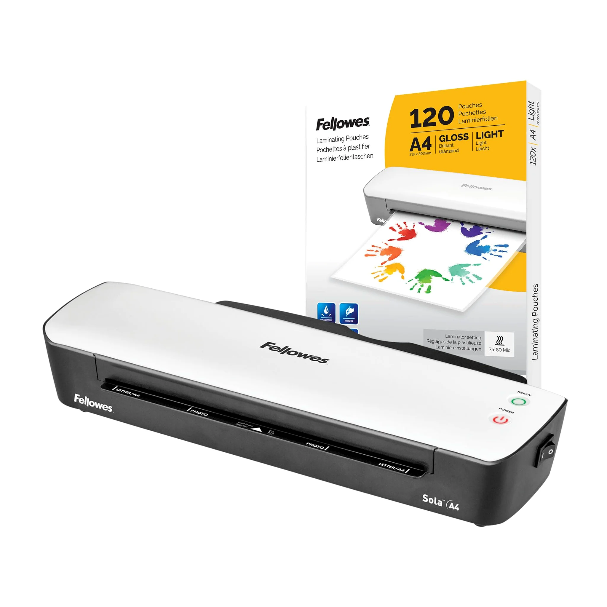 Fellowes Laminiergerät A4 Sola für Zuhause und Homeoffice, für Laminierfolien bis 125 Mikron Stärke, staufrei + Fellowes A4 Laminierfolien, glänzende Oberfläche, 120 Hüllen - Amazon Exclusive