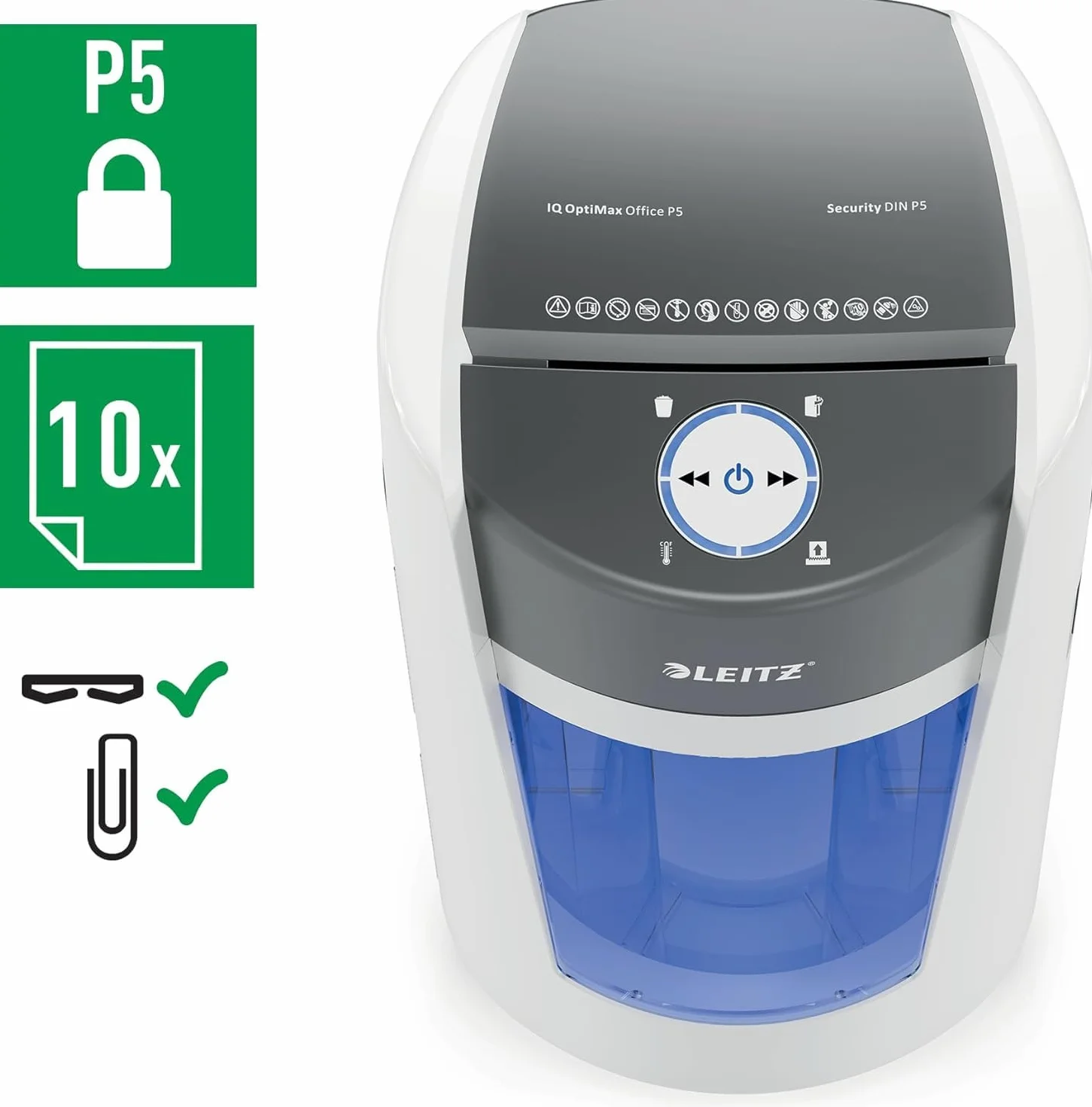 Leitz IQ Optimax Office 550 P5 Aktenvernichter, Mikroschnitt, Einzigartige Behälterrotation, 33% mehr Behälterkapazität, 550xA4 (35l-Behälter), 12-10 Blatt (70-80 g/m²), 120 Min Laufzeit, 83600000